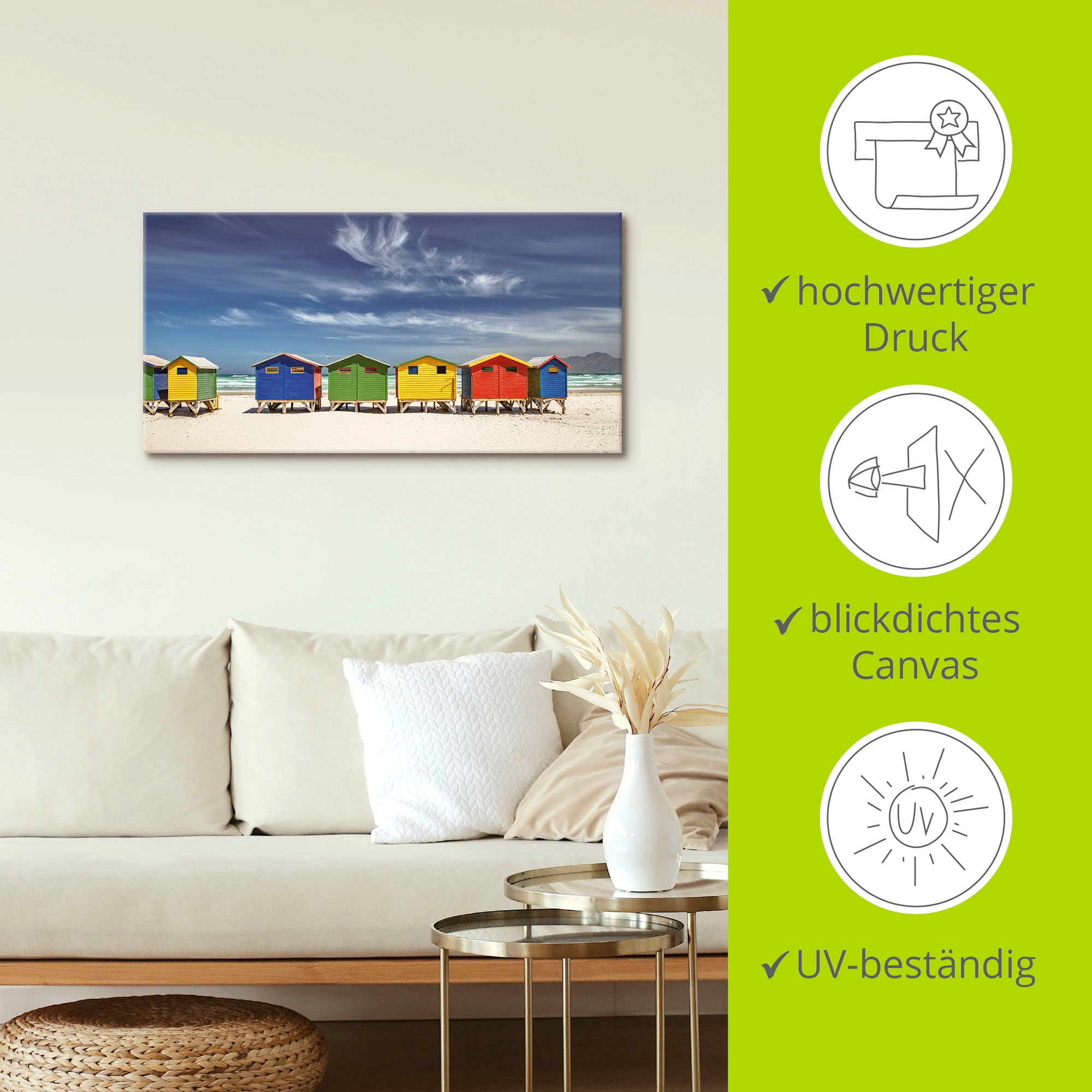 Artland Wandbild »Bunte Strandhäuser bei Kapstadt« Strandbilder 1 Stk. tlg. als Alubild, Leinwandbild in verschied. Größen