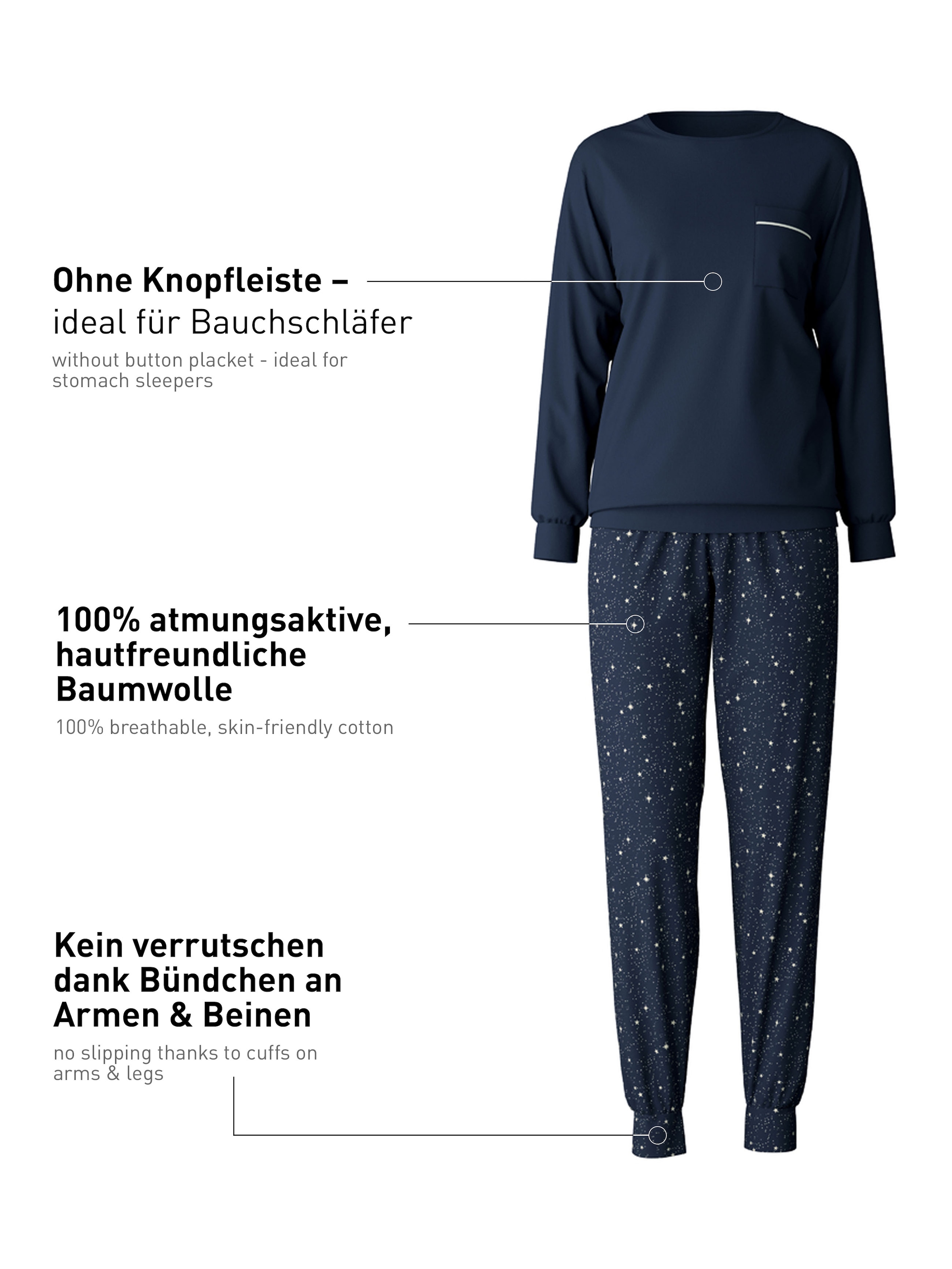 CALIDA Schlafanzug »Sweet Dreams«, (2 tlg.), Langarm, Rundhals, Interlock-Qualität, weich, bequem