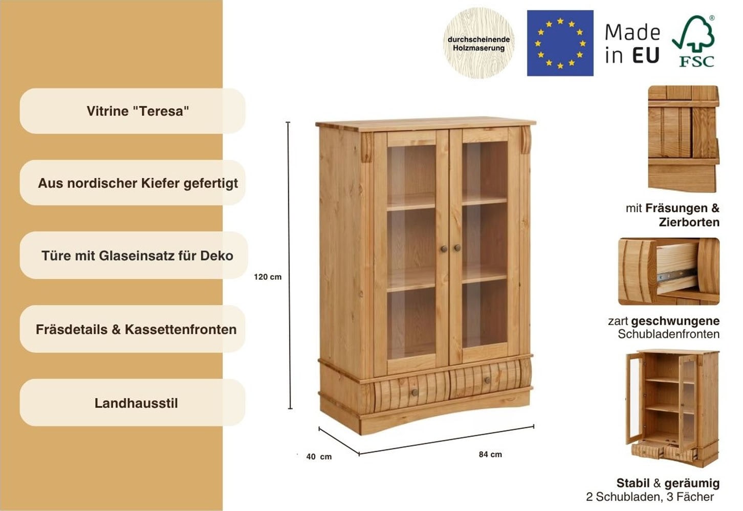 Home affaire Vitrine »Teresa Highboard mit Glastüren«, (Maße (B/T/H): ca. 84/40/120 cm), mit 2 Glastüren und 2 Schubladen, Höhe 120 cm, aus Massivholz