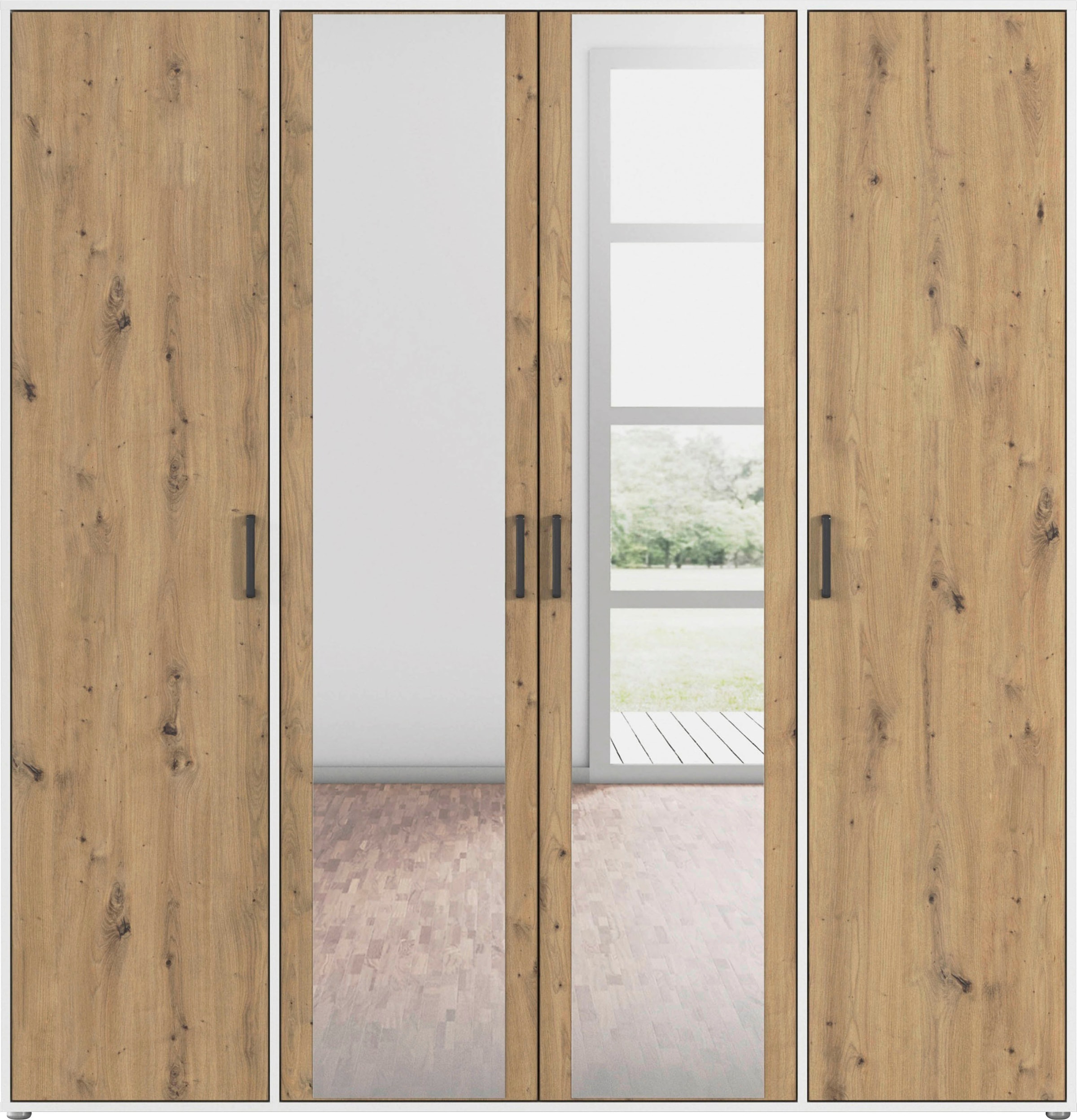 rauch Drehtürenschrank »Kleiderschrank Schrank Garderobe Wäscheschrank VOYAGER«, (in 3 verschiedenen Ausstattungen BASIC/CLASSIC/PREMIUM), mit modernen Griffen in Graumetallic und Spiegel