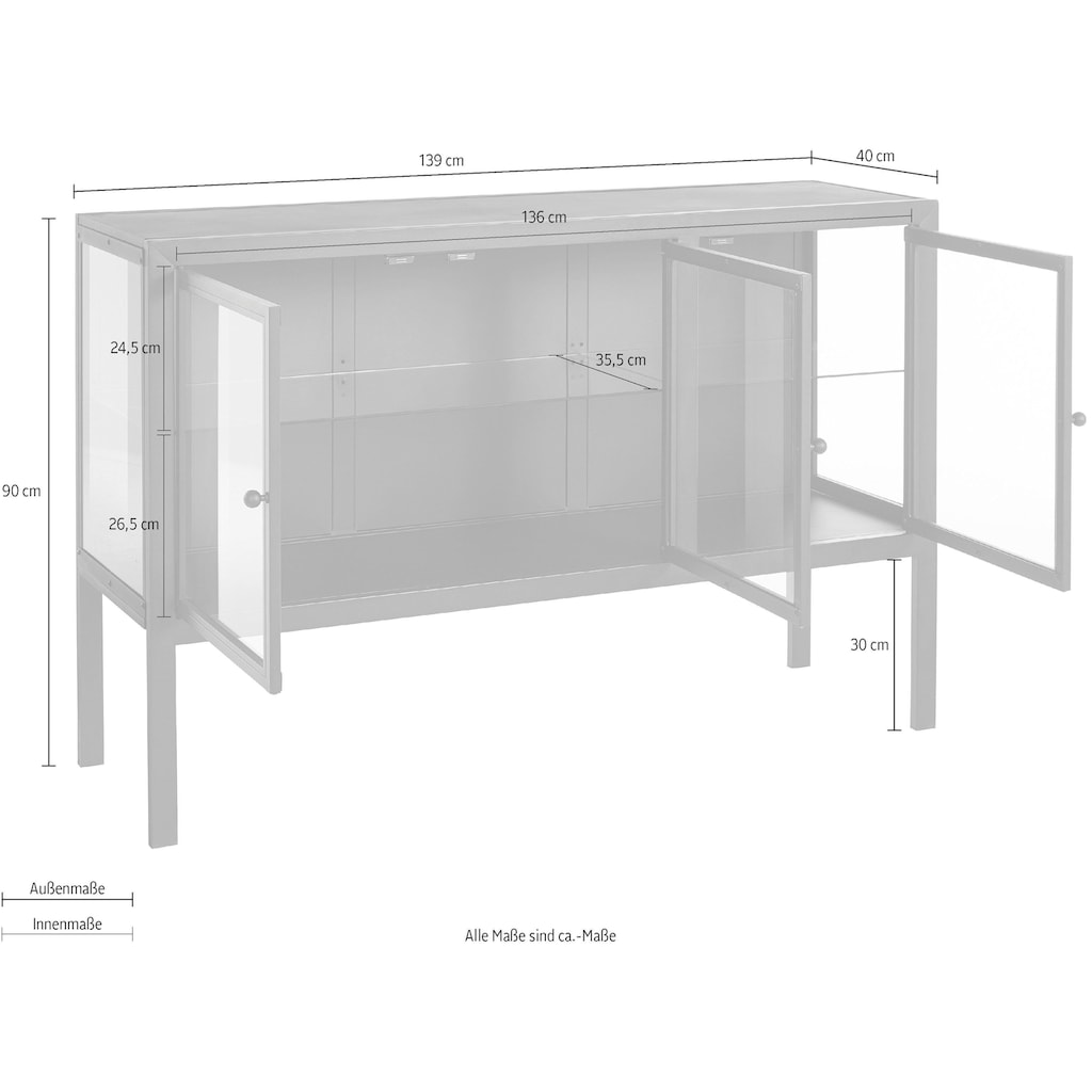 Leonique Sideboard »Ashlee«, aus Metall gefertigt, Glaseinlegeböden und Glastüren, Breite 139 cm