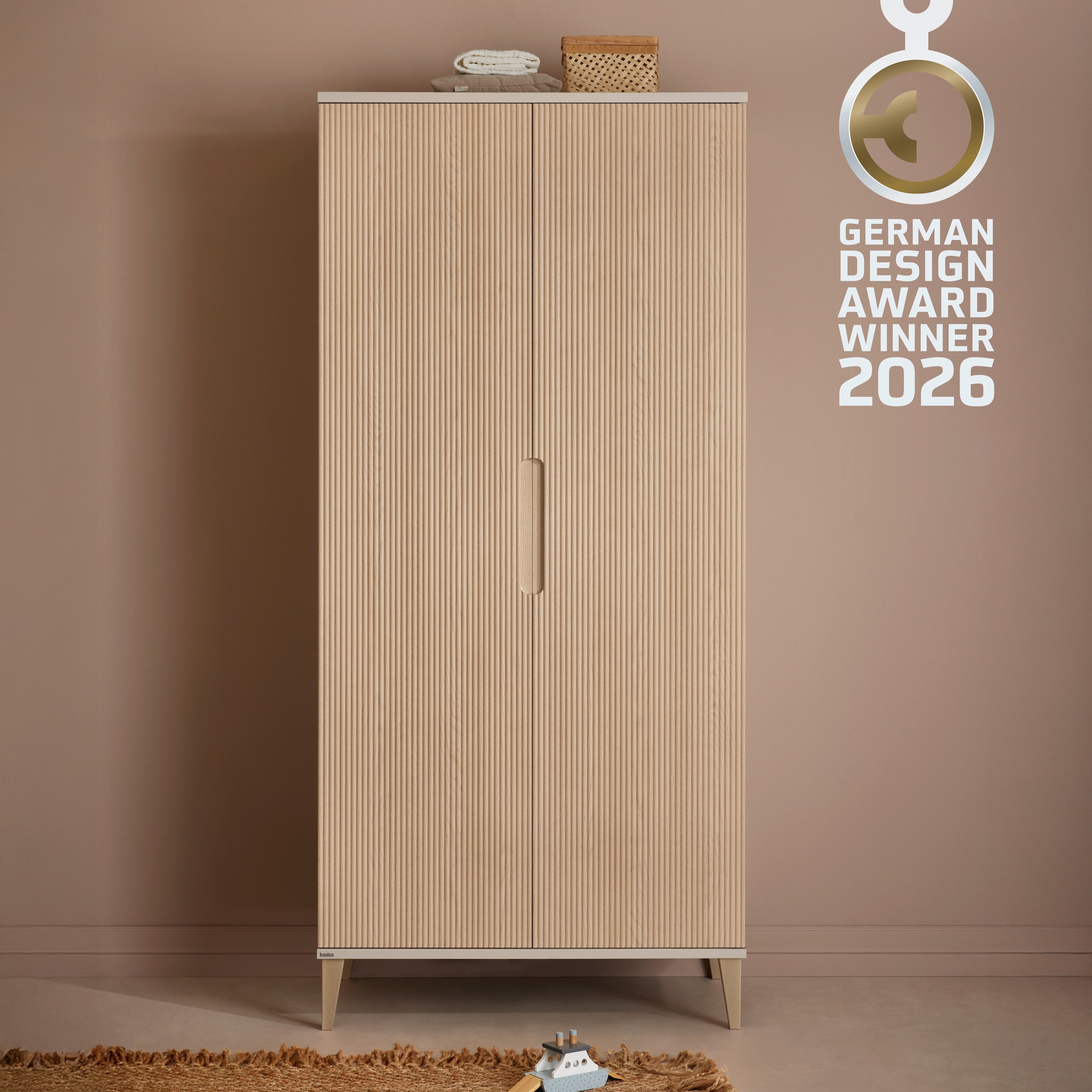 PAIDI Kleiderschrank »JONTE in Beige & Eichefarben mit gerillten Türen, verschiedene Größen« B/H/T ca. 95-141/164-207/40-56cm, mit 2 oder 3 Türen + Tiny-Variante,  stabiler Drehtürenschrank mit Massivholz-Füßen, Soft-Close-Funktion