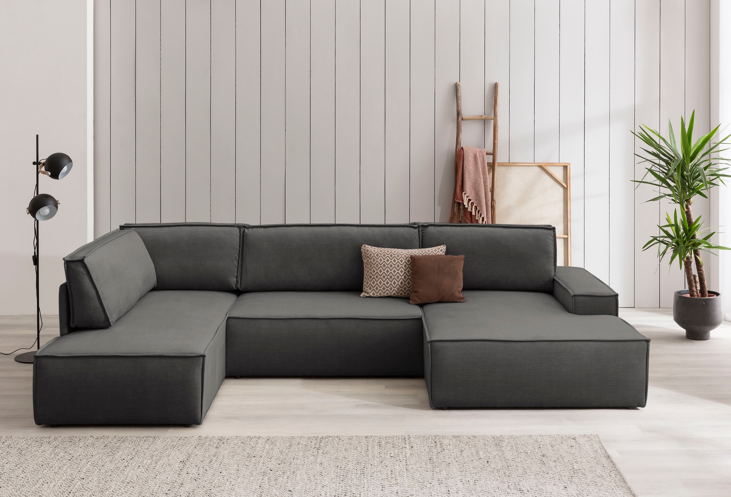Home affaire Wohnlandschaft »SHERWOOD 329 cm, U-Form, Schlafsofa,«, Schlaffunktion m. Bettkasten (194x139 cm), Cord, Vintage, Samtvelours