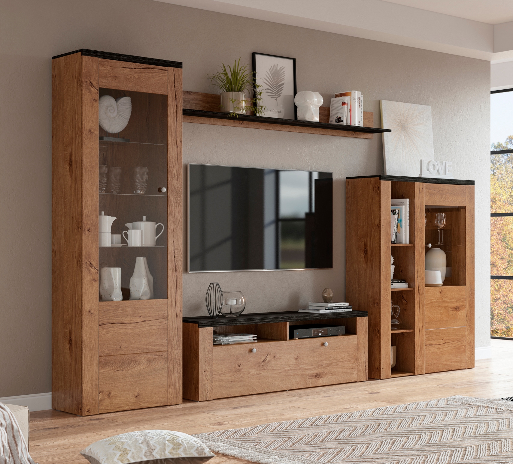 Home affaire Vitrine »Larona, zeitlose Glasvitirne, Hochschrank Höhe 205,6 cm«, Stauraumvitrine mit dekorativer Rahmenoptik