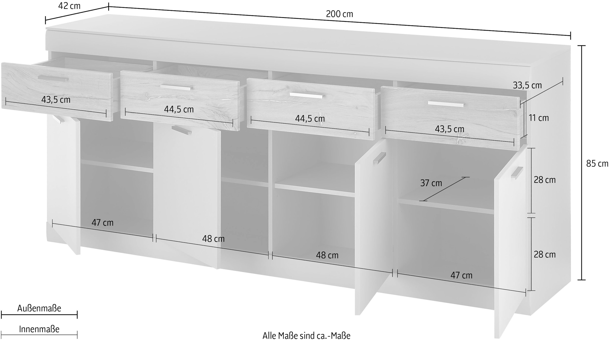 INOSIGN Sideboard »SCARA«, mit Applikation Zinneiche Dekor, Breite 200 cm, mit Softclose-Funktion