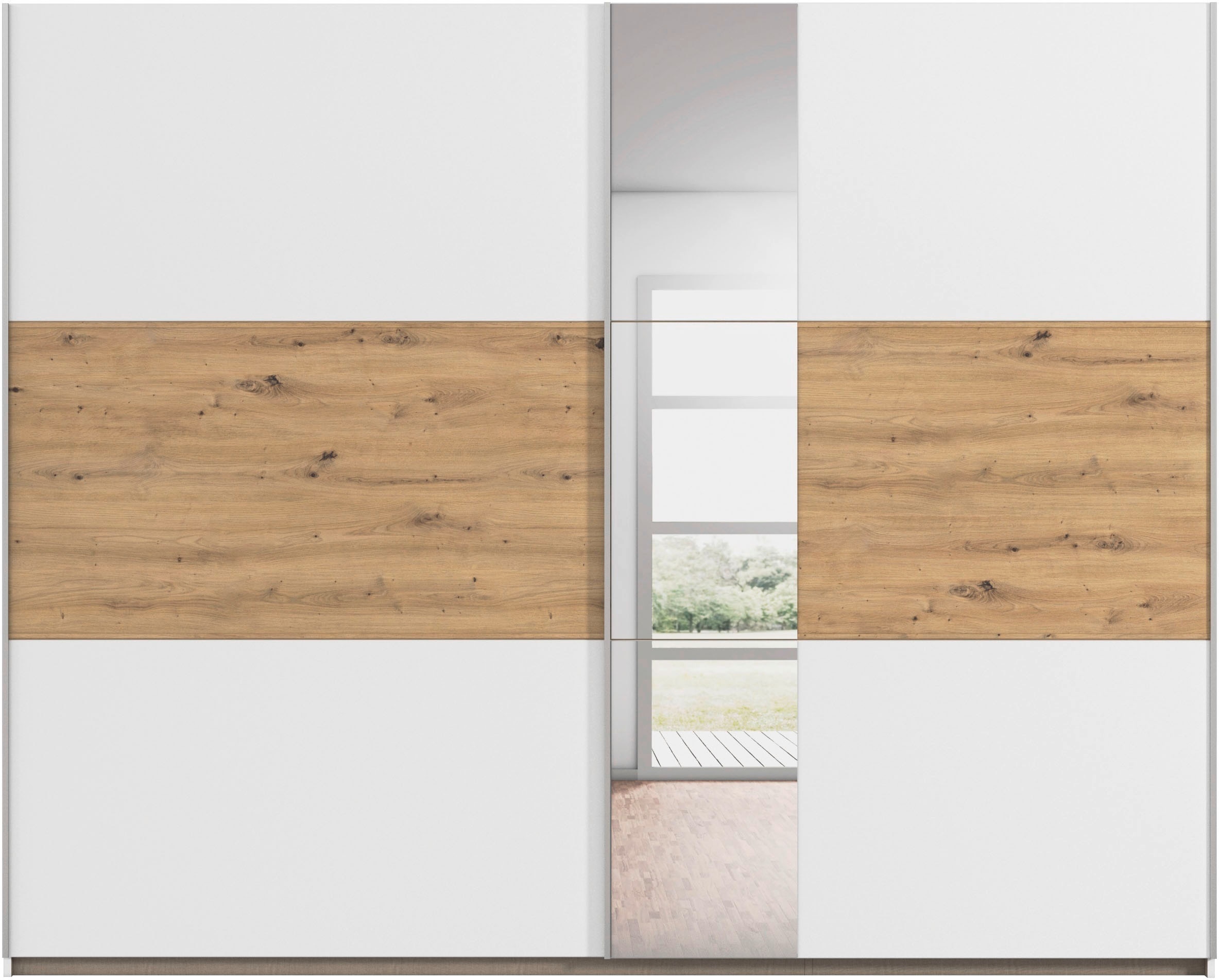 rauch Schwebetürenschrank »Kleiderschrank Schrank Garderobe TOPSELLER ASTANA OTTO´s CHOICE« 3 Ausstattungen BASIC/CLASSIC/PREMIUM, Breiten 175/218/261 cm,  mit 3 Spiegelelementen, Metallgriffleisten alufarbig MADE IN GERMANY