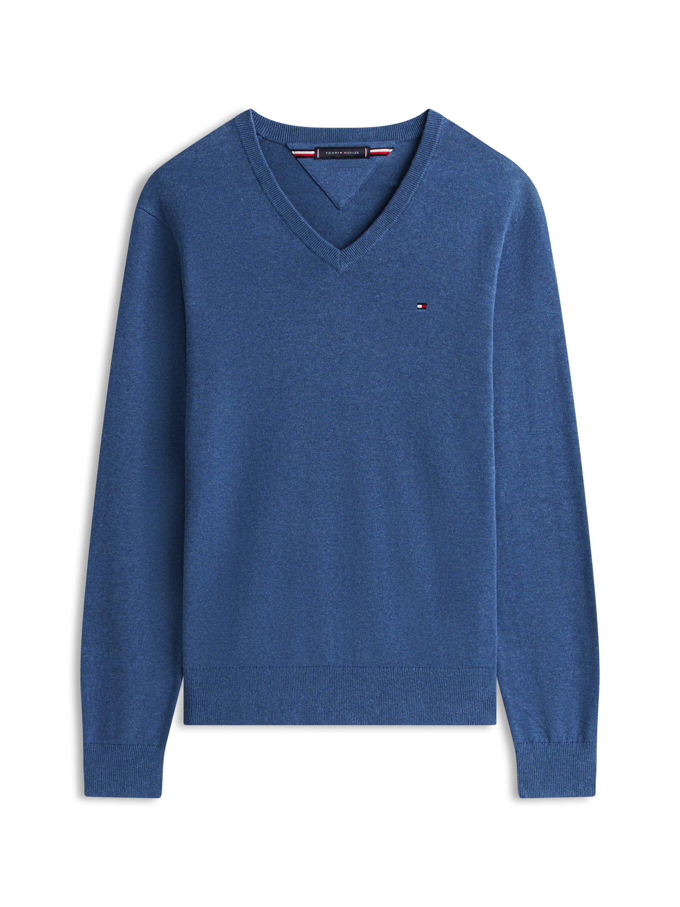 Tommy Hilfiger Strickpullover »ESSENTIAL COTTON V NECK mit V-Ausschnitt und Stickerei« unifarben, casual, regular fit, Baumwolle, V-Ausschnitt