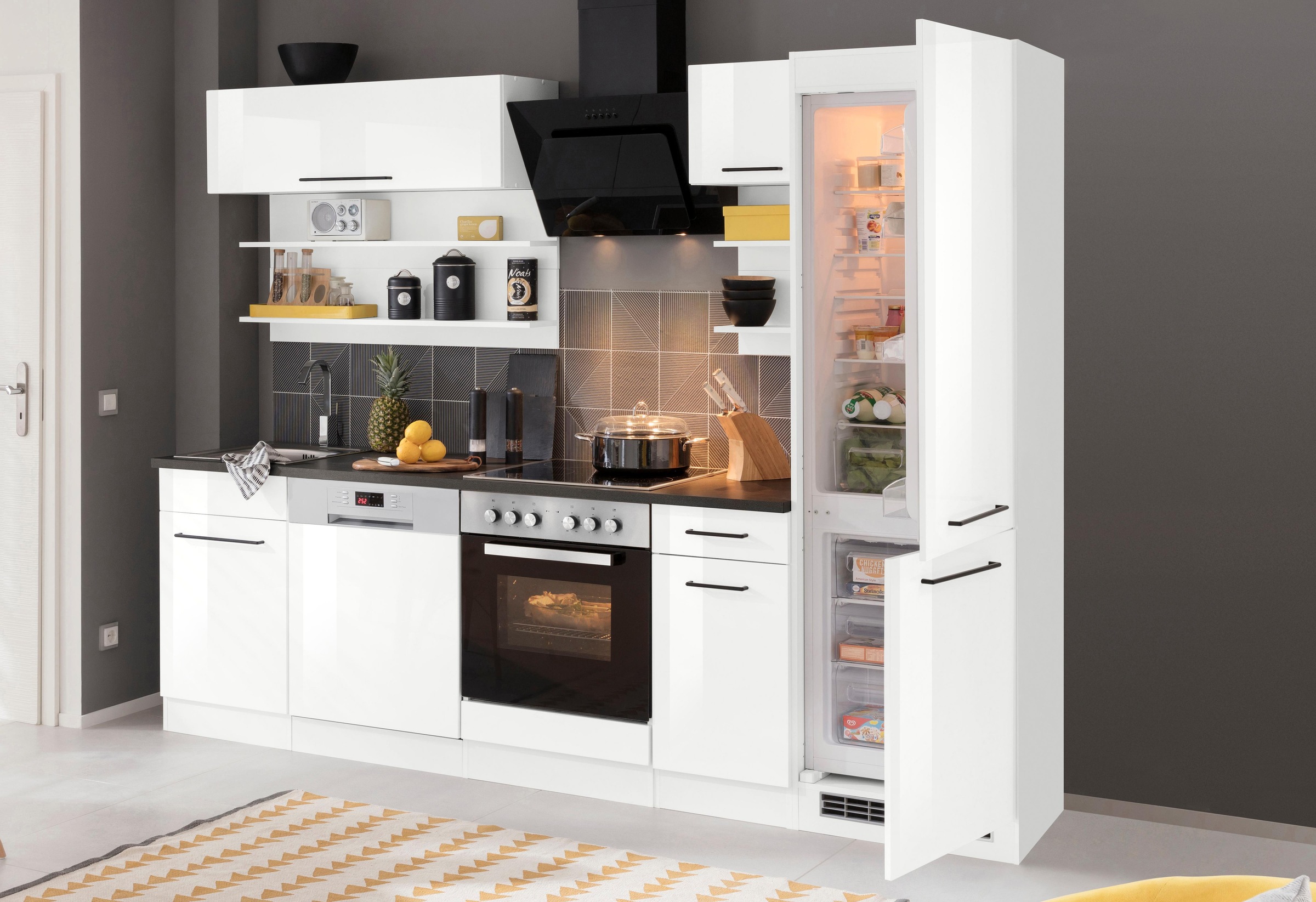 KOCHSTATION Küchenzeile »KS-Tulsa« mit E-Geräten, Breite 270 cm, schwarze Metallgriffe, MDF Fronten