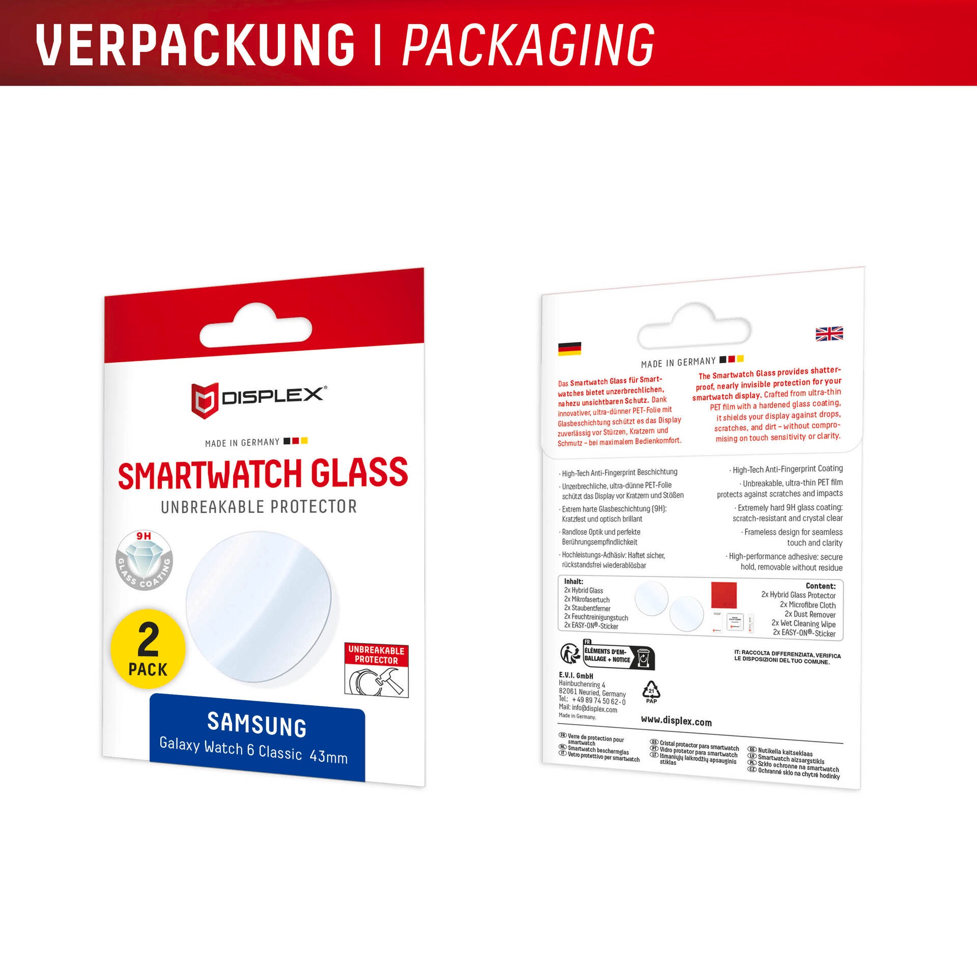 Displex Displayschutzglas »Smartwatch Glass Unbreakable Protector«, für Samsung Galaxy Watch6 Classic 43 mm, (Packung, 2x Hybrid Glass), Displayschutzfolie, Schutzfolie, Bildschirmschutz, kratz- & stoßfest