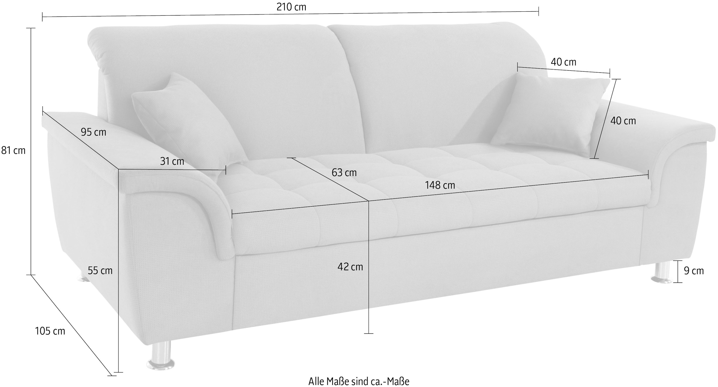 DOMO collection 2,5-Sitzer »Franzi, zeitlos und elegant, moderne Sitzheftung«, wahlweise mit Kopfteilverstellung, inklusive Zierkissen