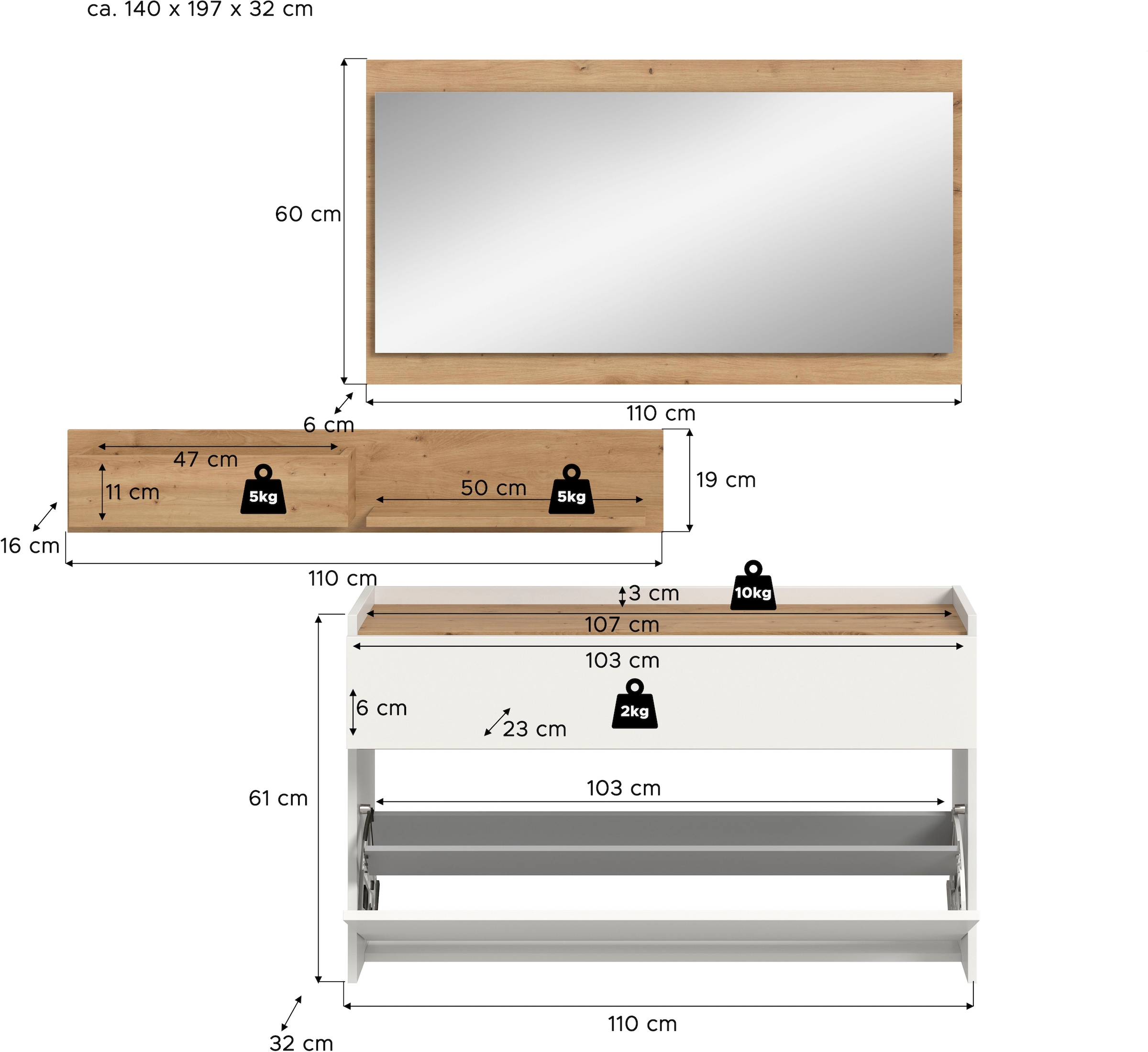 INOSIGN Garderoben-Set »EVRID, 3-teilig, Breite 140 cm, individuell hängbar & erweiterbar« best. aus: Kommode, Wandboard & Spiegel, 3 Stk. tlg.