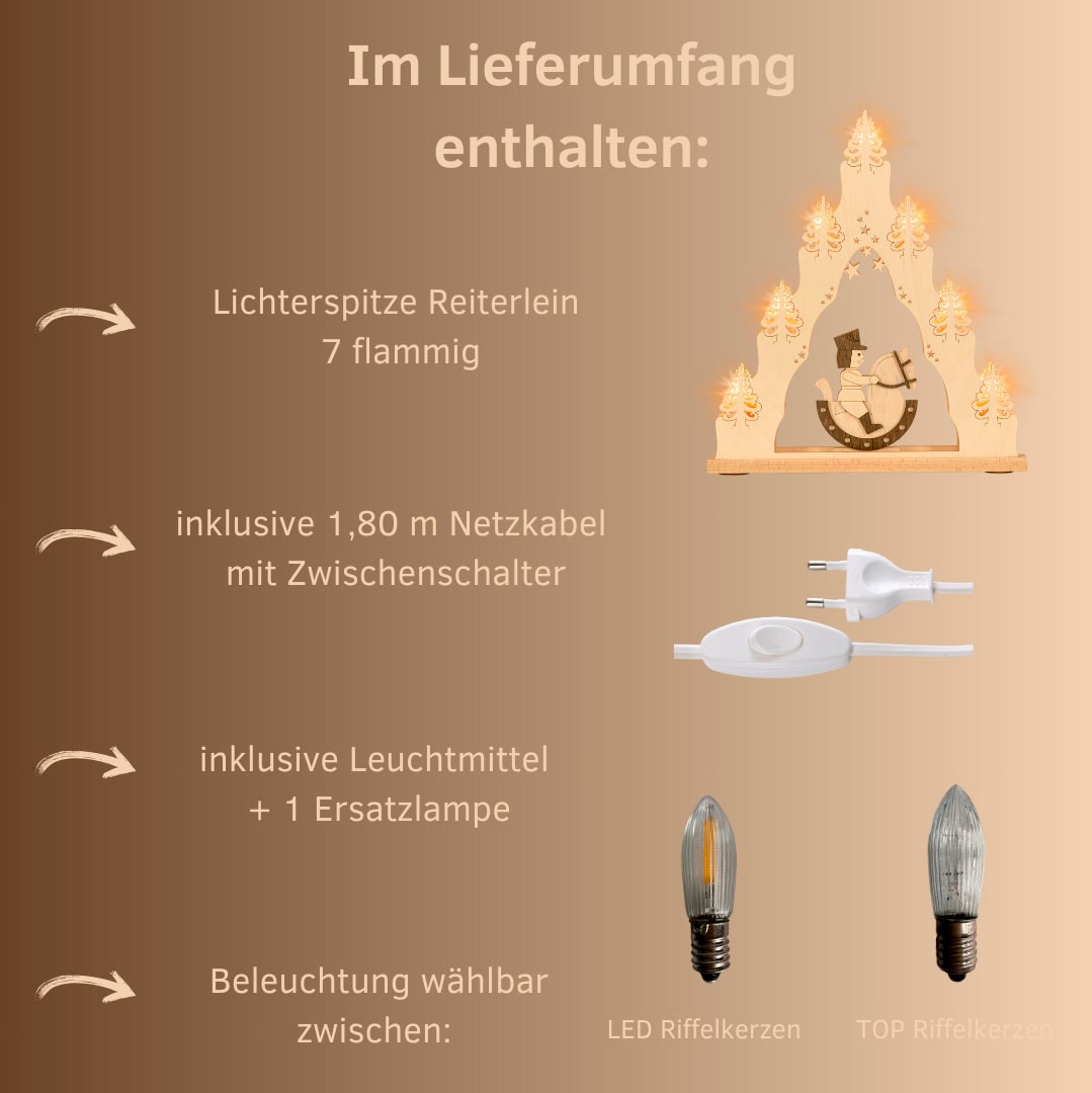 Weigla Schwibbogen »Reiterlein, Lichterspitze aus Holz, NATUR-BRAUN«, Erzgebirge garantiert, Weihnachtsdeko Innen, Weihnachtsbeleuchtung