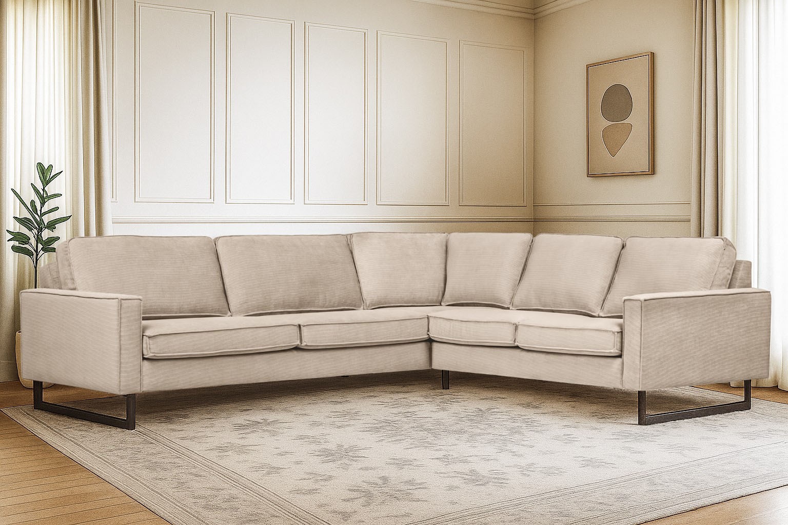 Places of Style Ecksofa »Pinto, XXL, 250/290 cm, langer Schenkel, Ottomane«, Cord, Chenille, Lederoptik, mit Keder, Metallfüße, Wellenunterfederung