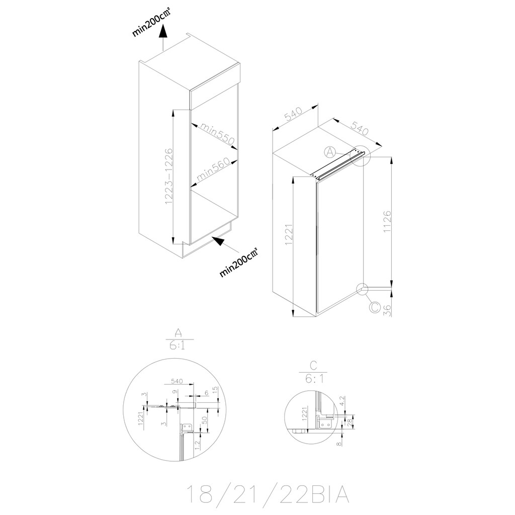 Candy Einbaukühlschrank »CIO 225 NE«, CIO 225 NE, 122 cm hoch, 54 cm breit