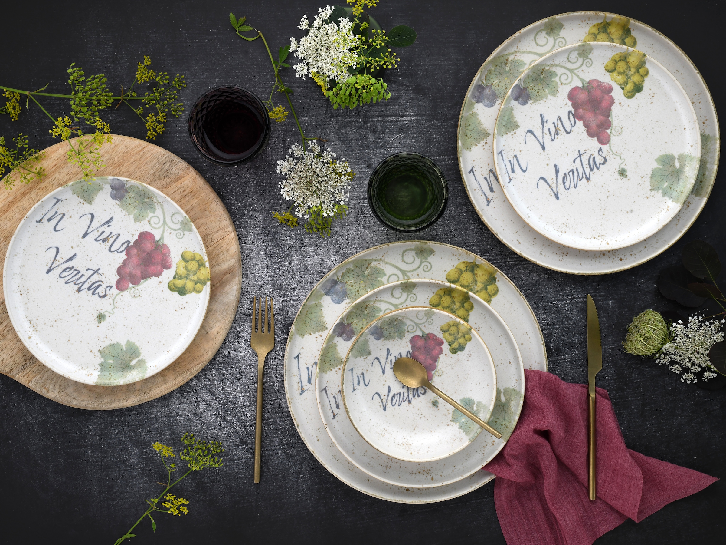 CreaTable Teller-Set »Uno In Vino Veritas, Teller Set 12-tlg« Weintraubenmotive, Vintage Style