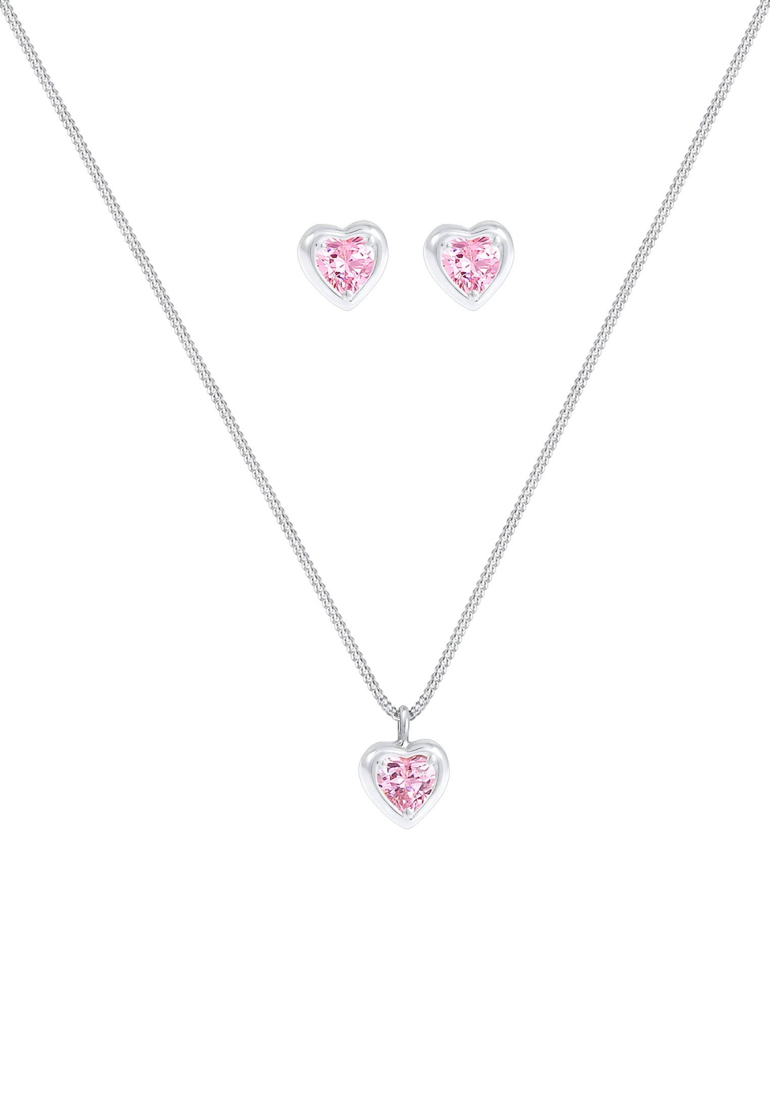 Elli Ohrring und Ketten Set »Schmuckset Kinder Kette Stecker Herz Zirkonia Rosa 925 Silber« ()