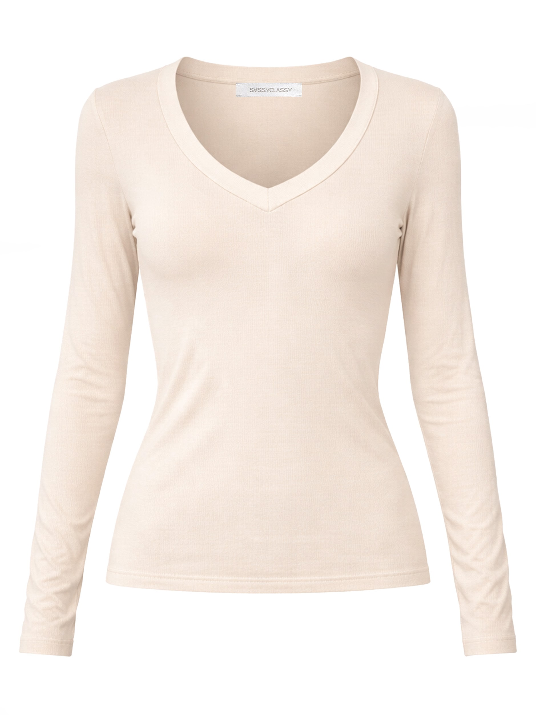 SASSYCLASSY Langarmshirt »Langarmshirt mit V-Ausschnitt« Anliegendes Shirt mit extra langen Ärmeln aus Viskose Beige Schwarz