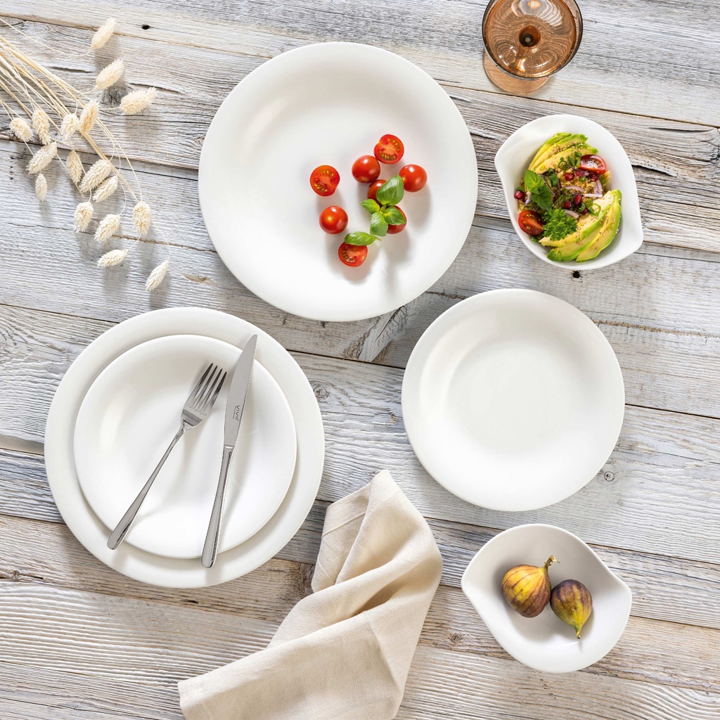 vivo Villeroy & Boch Group Geschirr-Set »Essential White«, (Set, 18 tlg., 6x Speiseteller 27cm, 6x Frühstücksteller 22cm, 6x Müslischale 16x14cm), Made in Germany, Fine China Porzellan