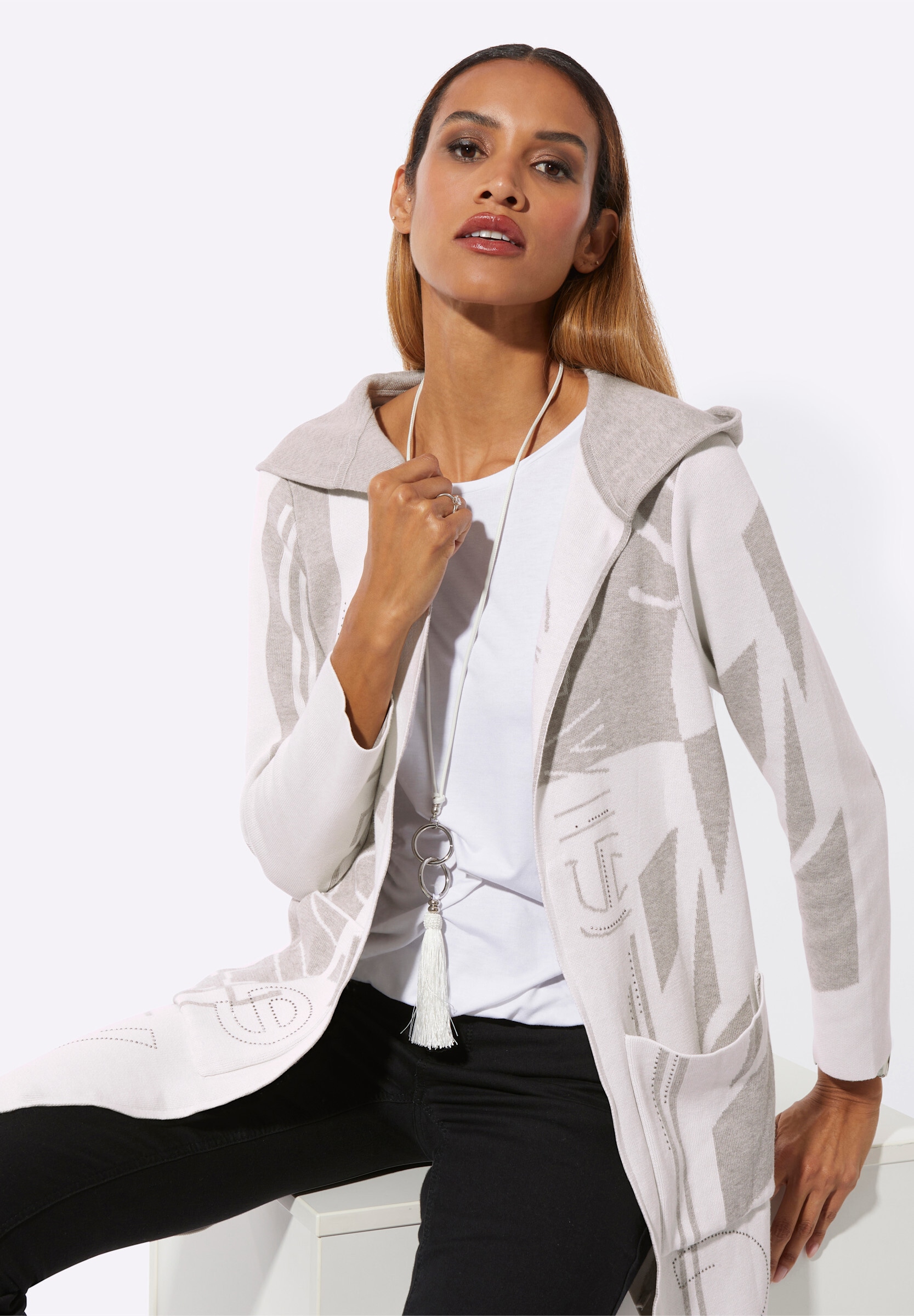 creation L Strickjacke »Modal-Baumwoll-Strickjacke Longstrickjacke im Jacquard-Dessin«