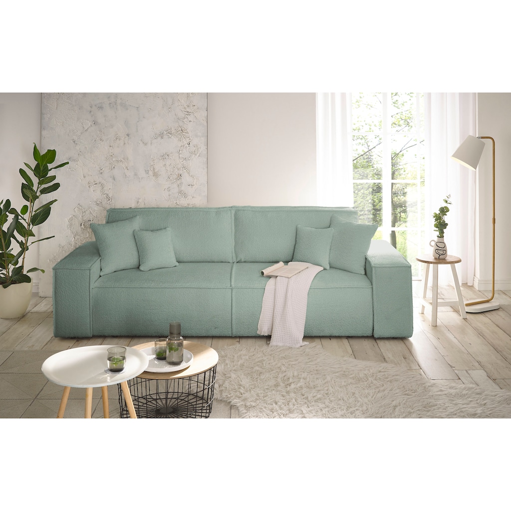 andas 3-Sitzer »FINNLEY Schlafsofa 257 cm, Schlaffunktion mit Bettkasten (200/136cm),«, in Aqua Clean-Bouclé u. Struktur fein