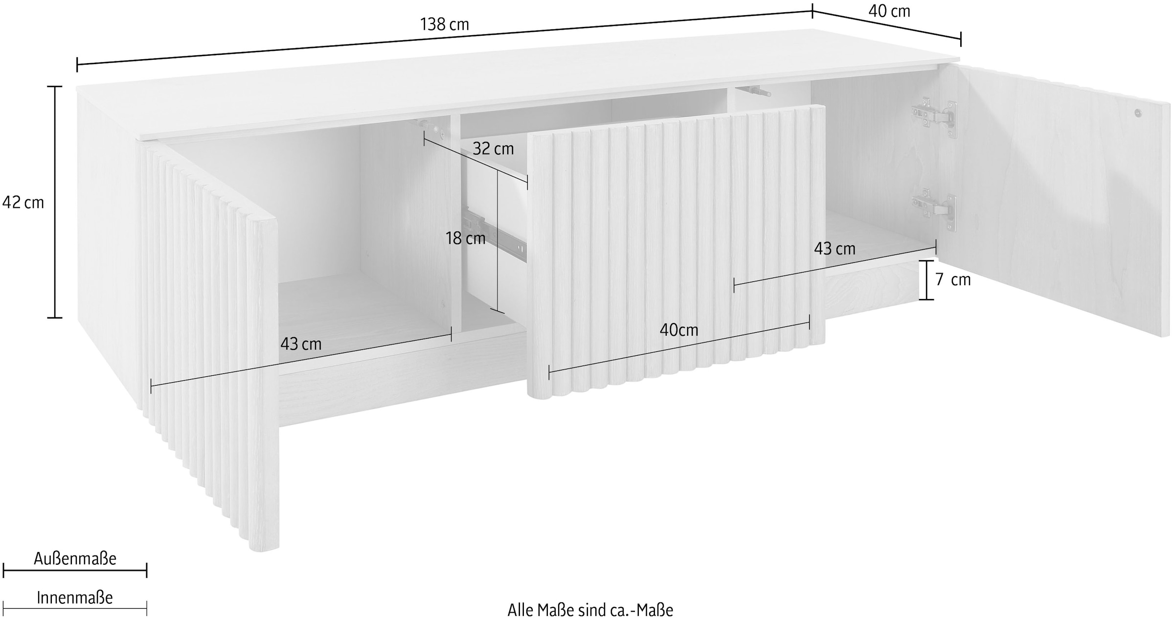 homsy by Ana Johnson TV-Schrank »Solva« Holzoptik aus Esche, geriffelte Front, Keramikplatte, Breite 138 cm