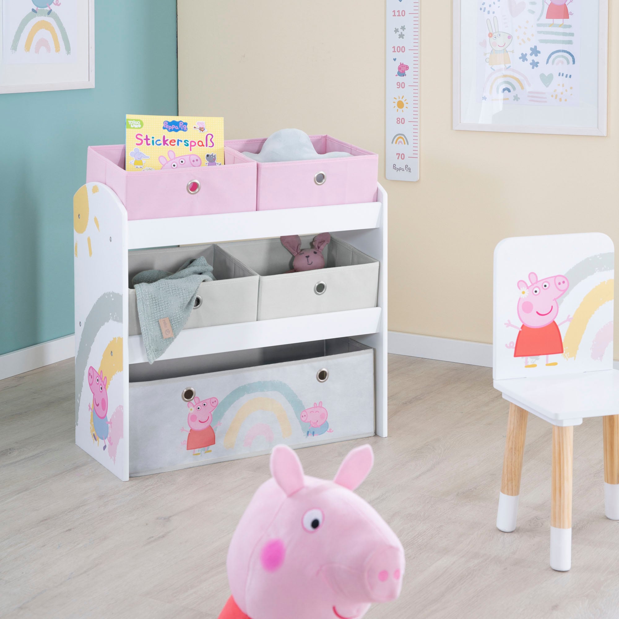 roba® Kinderregal »Peppa Pig, weiß«, inklusive 5 Stoffboxen in 2 Größen