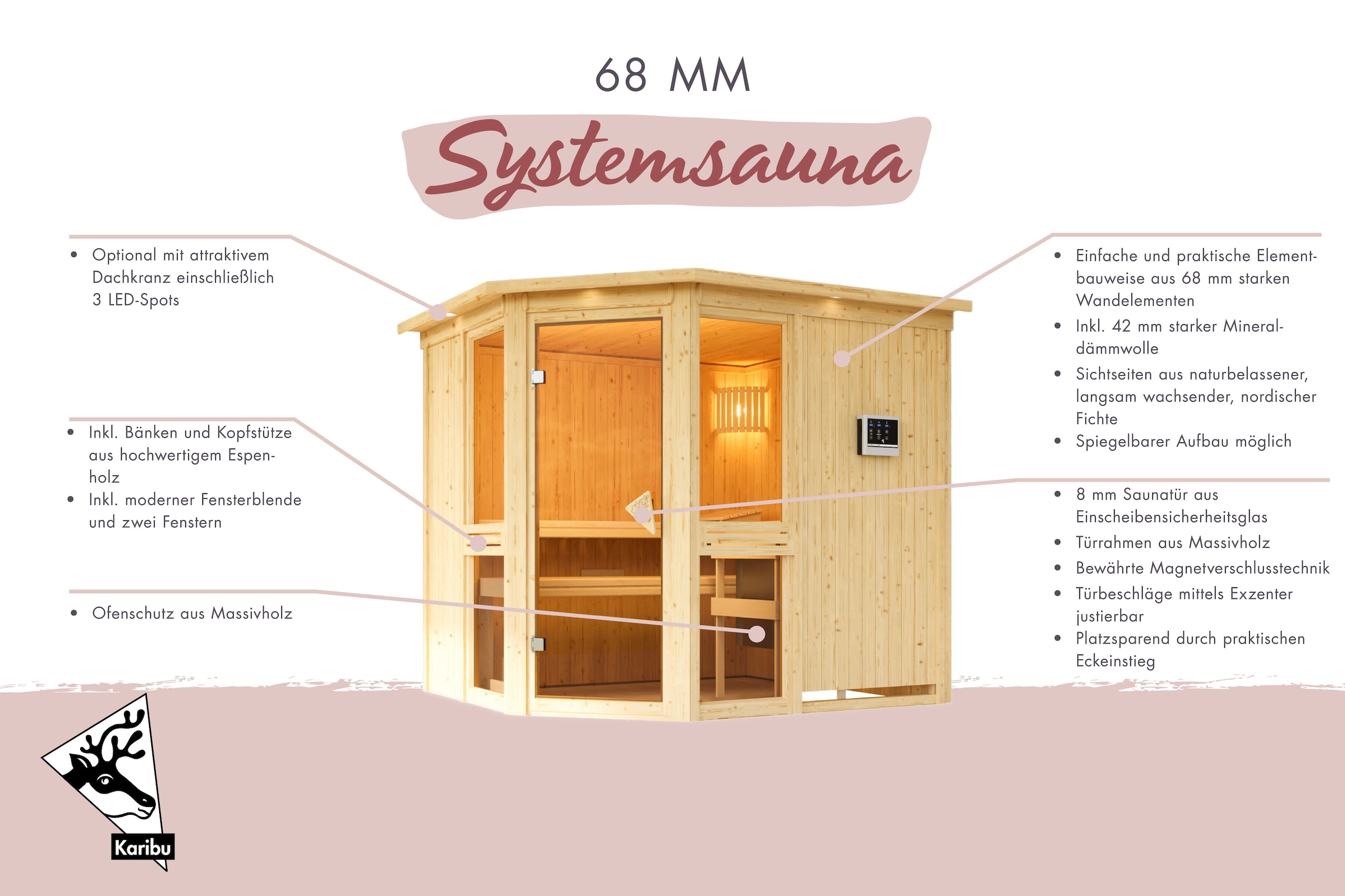 Karibu Sauna »"Agneta 2" naturbelassen« aus hochwertiger nordischer Fichte und 9 kW Ofen mit integr. Steuerung