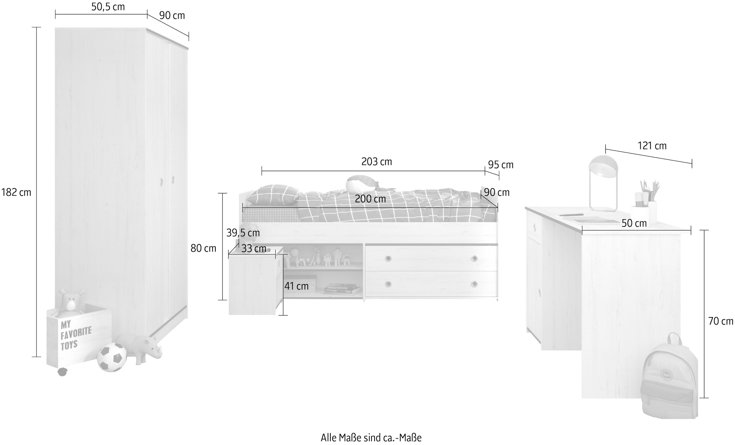 Parisot Jugendzimmer-Set »Smoozy«, (4 St., Stauraumbett,Nachttisch, Kleiderschrank und Schreibtisch)