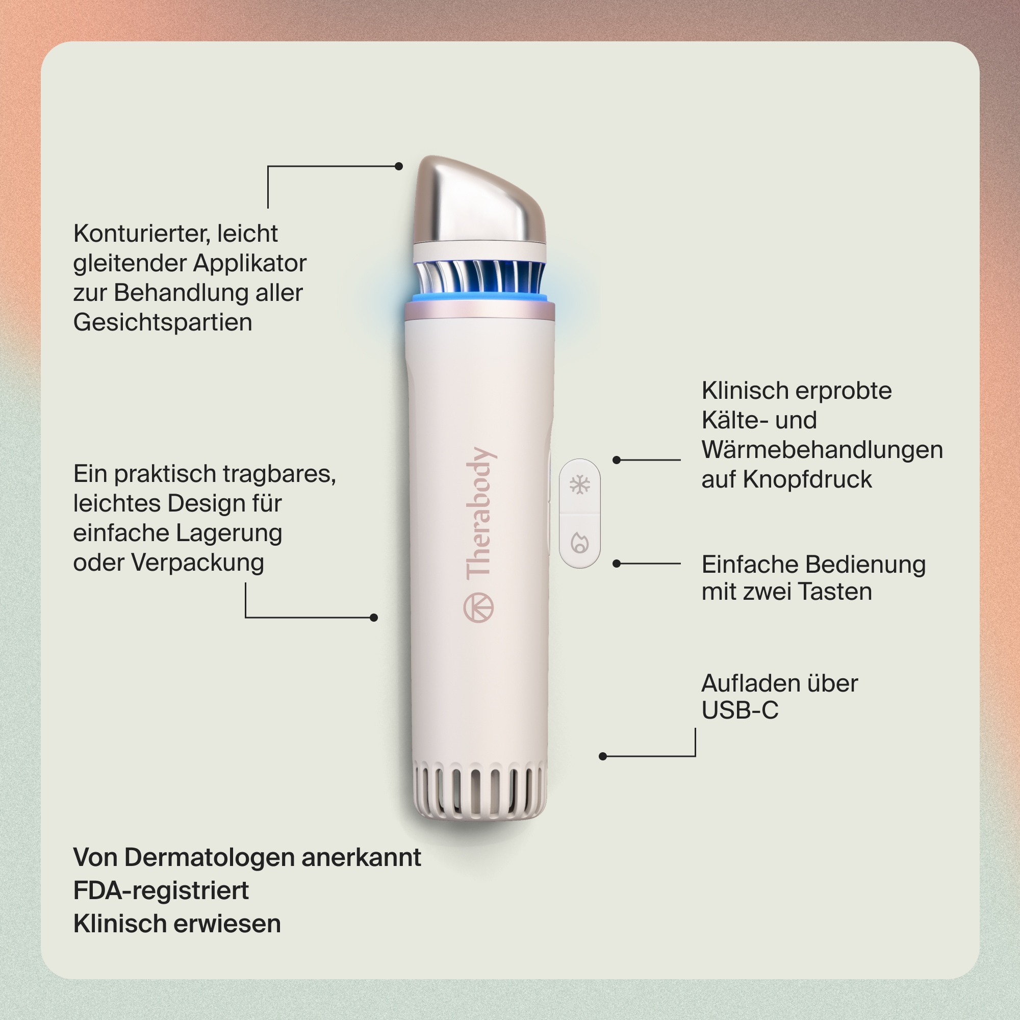 Therabody Anti-Aging-Gerät »Theraface Depuffing Wand Kälte- und Wärmebehandlungen für das Gesicht«, Verbessert die Strahlkraft, reduziert Augenringe und Schwellungen