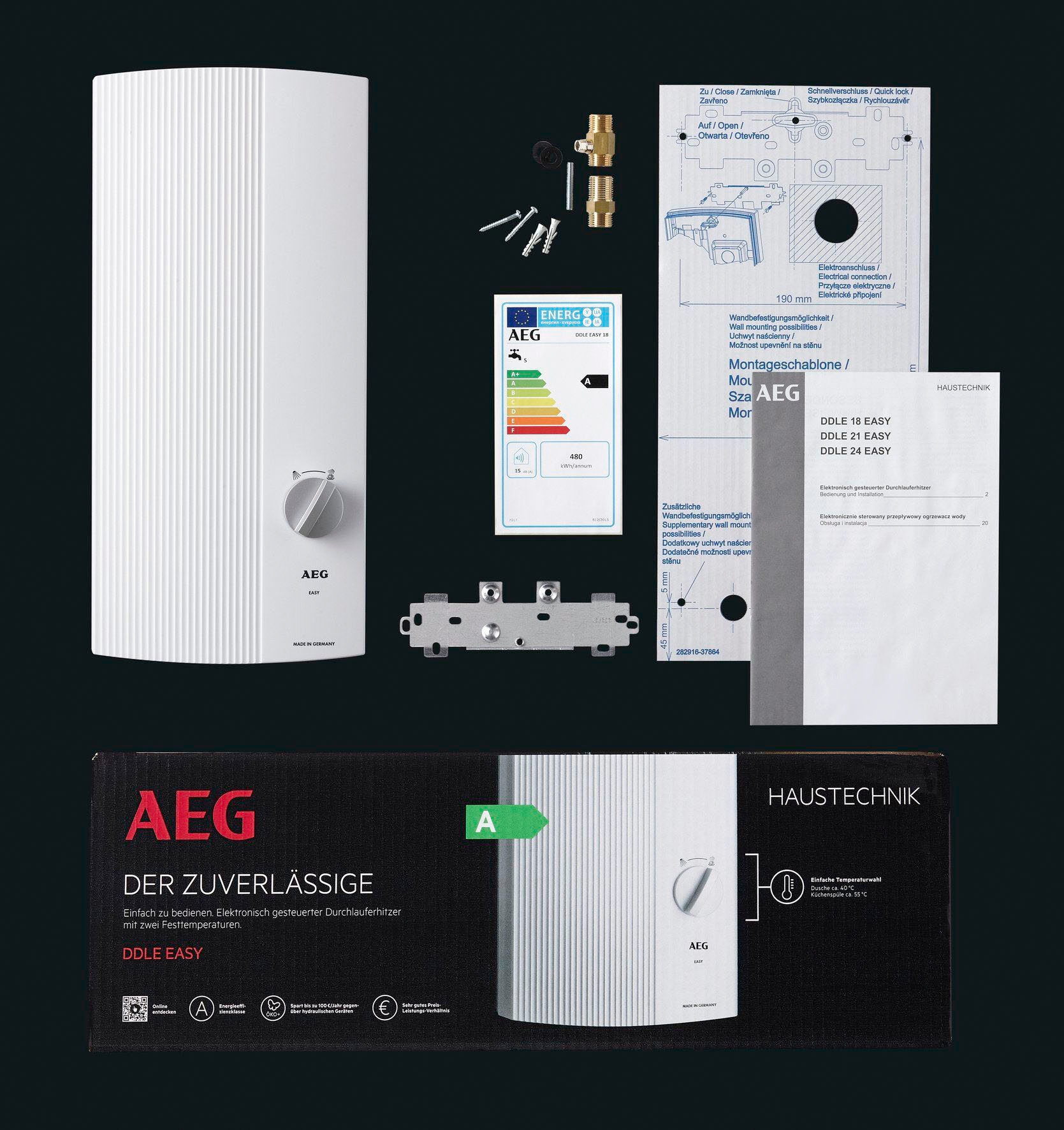 AEG Haustechnik Komfort-Durchlauferhitzer »DDLE EASY 21 kW, guter Warmwasserkomfort«, zwei feste Temperatureinstellungen für Dusche und Spüle