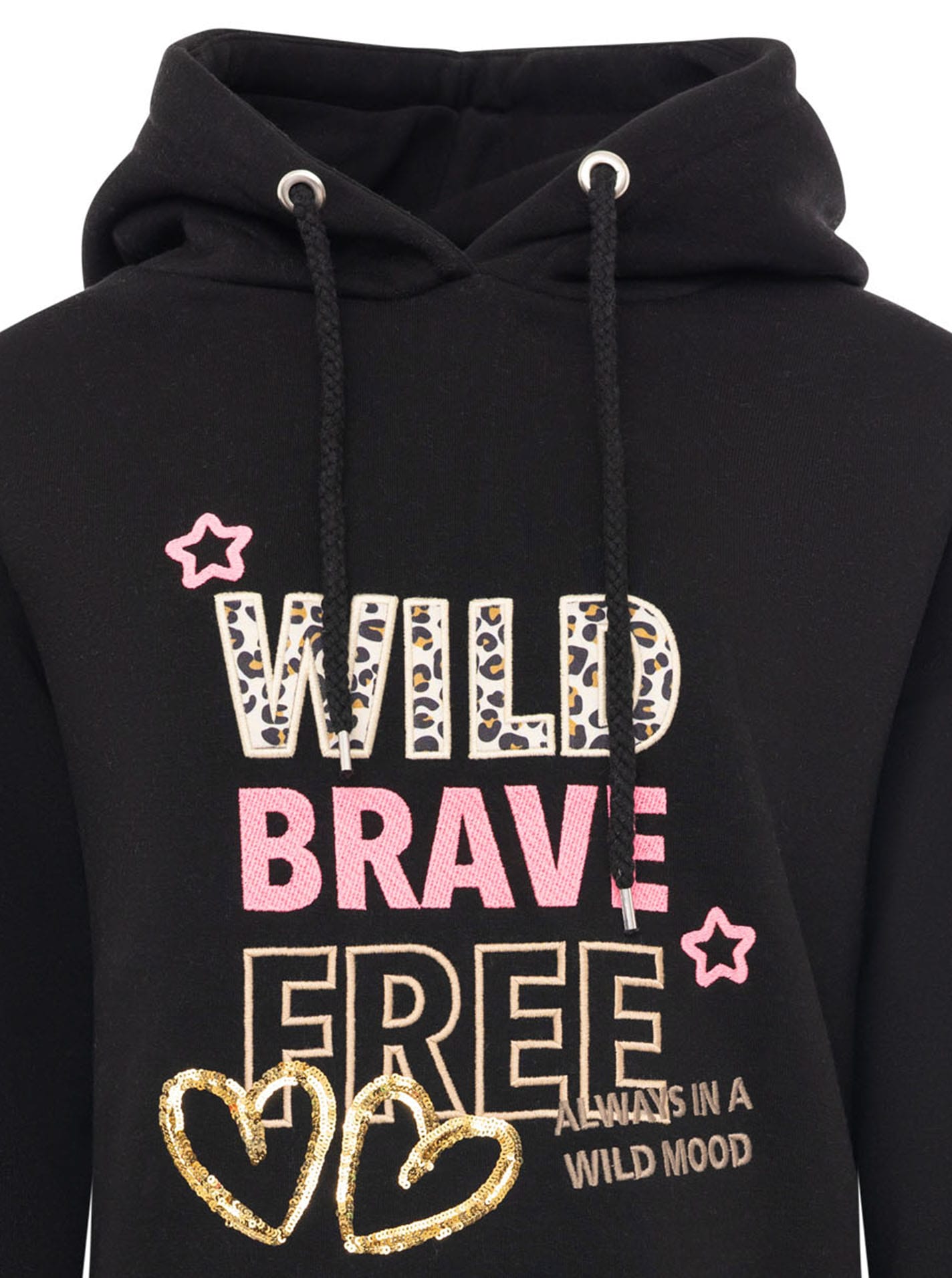 Zwillingsherz Hoodie »"Wild Brave Free"«, gestickter Schriftzug, mit Pailletten, Leomuster, Fronttasche, Kapuze
