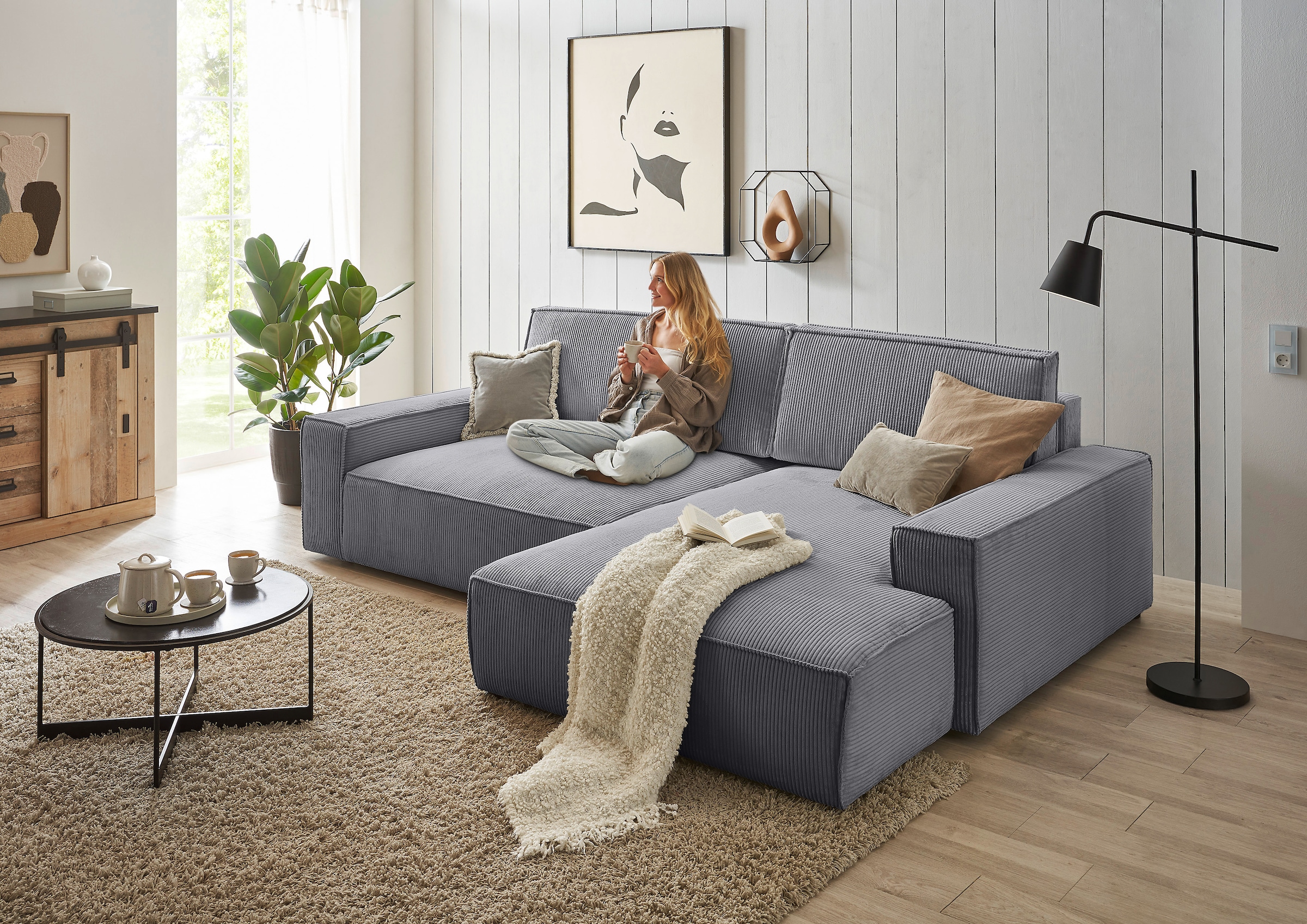OTTO home Ecksofa »SHERWOOD XXL Cord 284, Big-Sofa L-Form, tiefe Sitzfläche 95 cm« Recamiere rechts/links, als Schlafsofa stellbar, Cord u. Leinenoptik