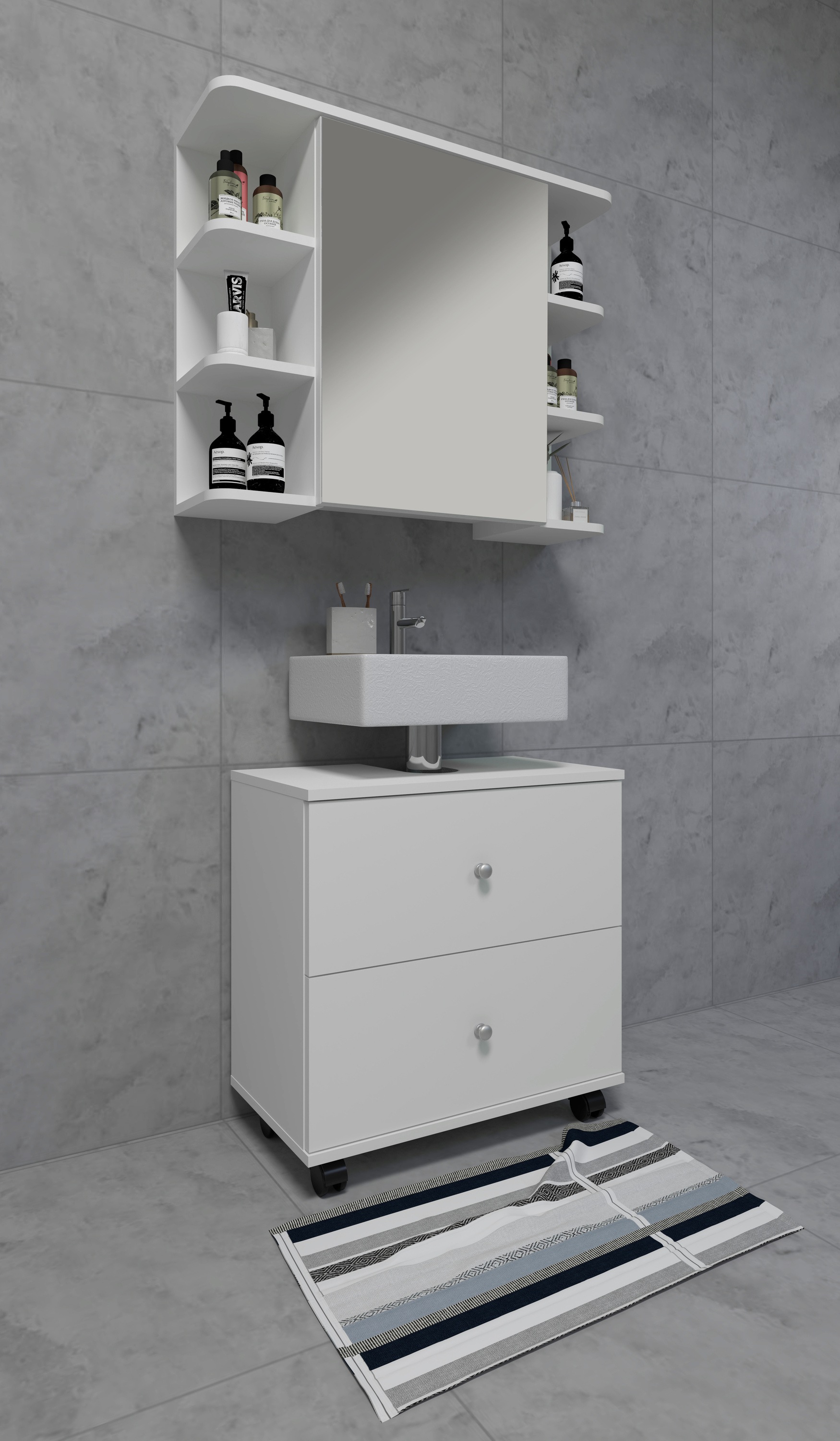 VCM Waschbeckenunterschrank »VCM Holz Waschbeckenunterschrank | Badschrank | Maße: H. 61 x B. 60 x T. 33 cm | 2 große Schubladen | 4 Rollen - Nilosi L«, (1 St.)