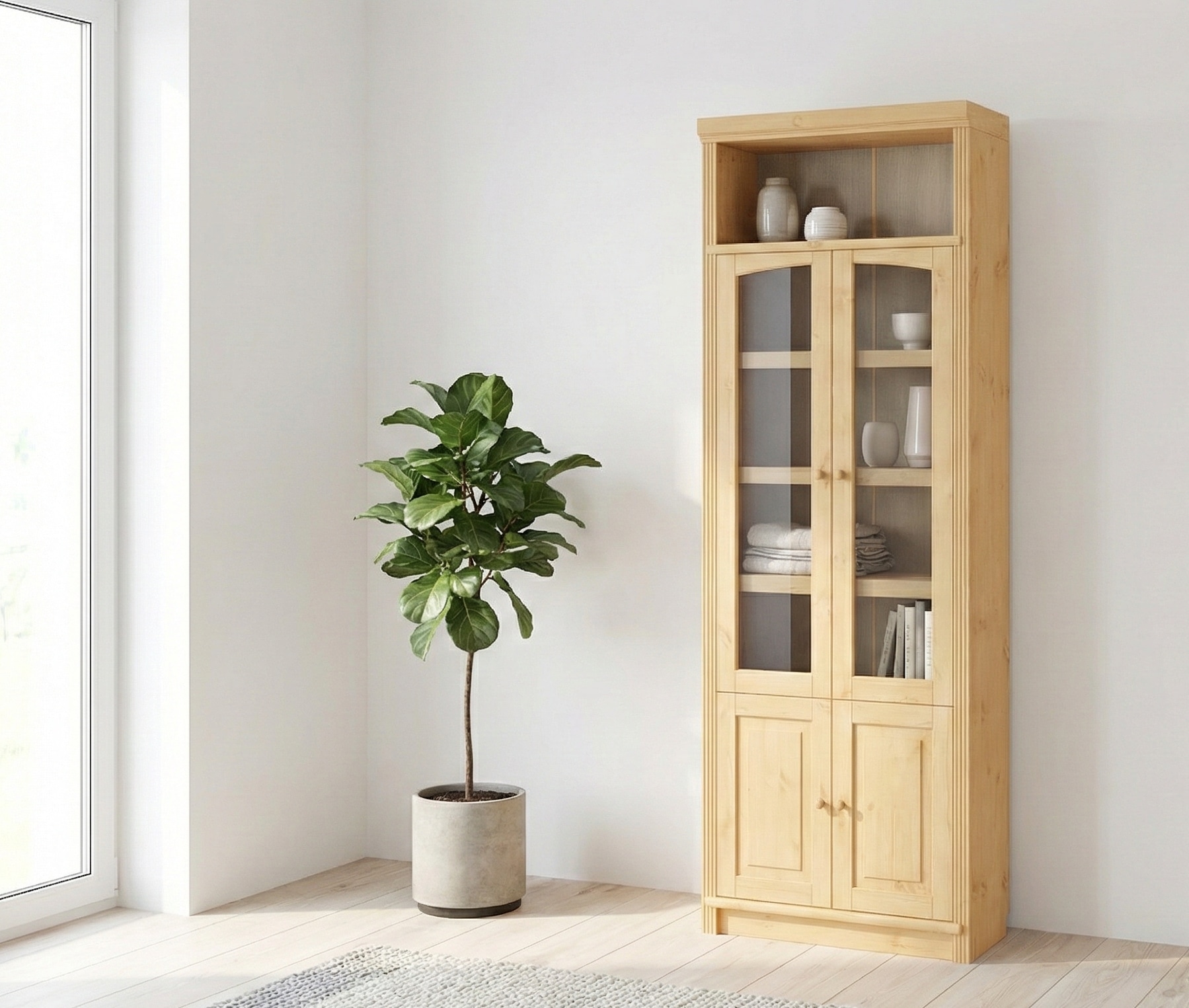 OTTO home Vitrine »Soeren Regal mit 2 Glastüren und 2 Holztüren, B/TH: 80/29/220 cm« Kiefer FSC®-zertifiziert, 1 offenes Fach, 6 Fächer hinter den Türen