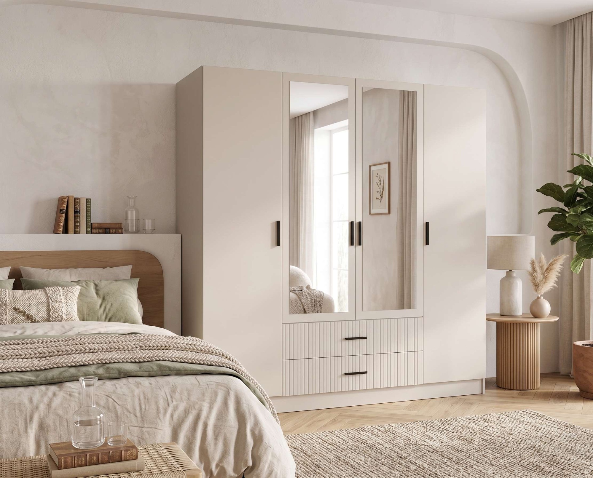 OTTO home Kleiderschrank »TERRIK,  modern mit viel Stauraum & geriffelter Struktur, Spiegel« B/H/T ca. 200/200/60,  Schrank mit 11 Fächern, Kleiderstange, 2 Schubladen, Made in EU