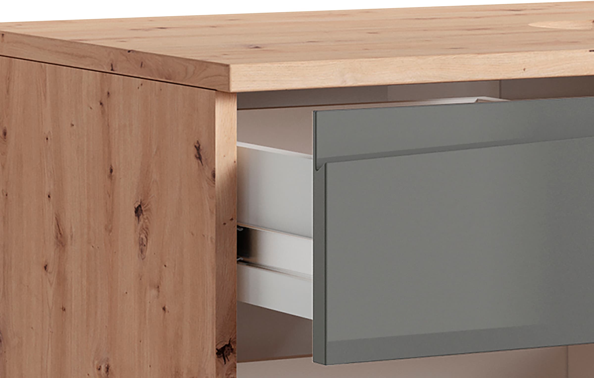 byLIVING Waschbeckenschrank »Shape«, (1 St.), für Aufsatzbecken mit asymetrischer Hochglanz Front, 2 Schubkästen