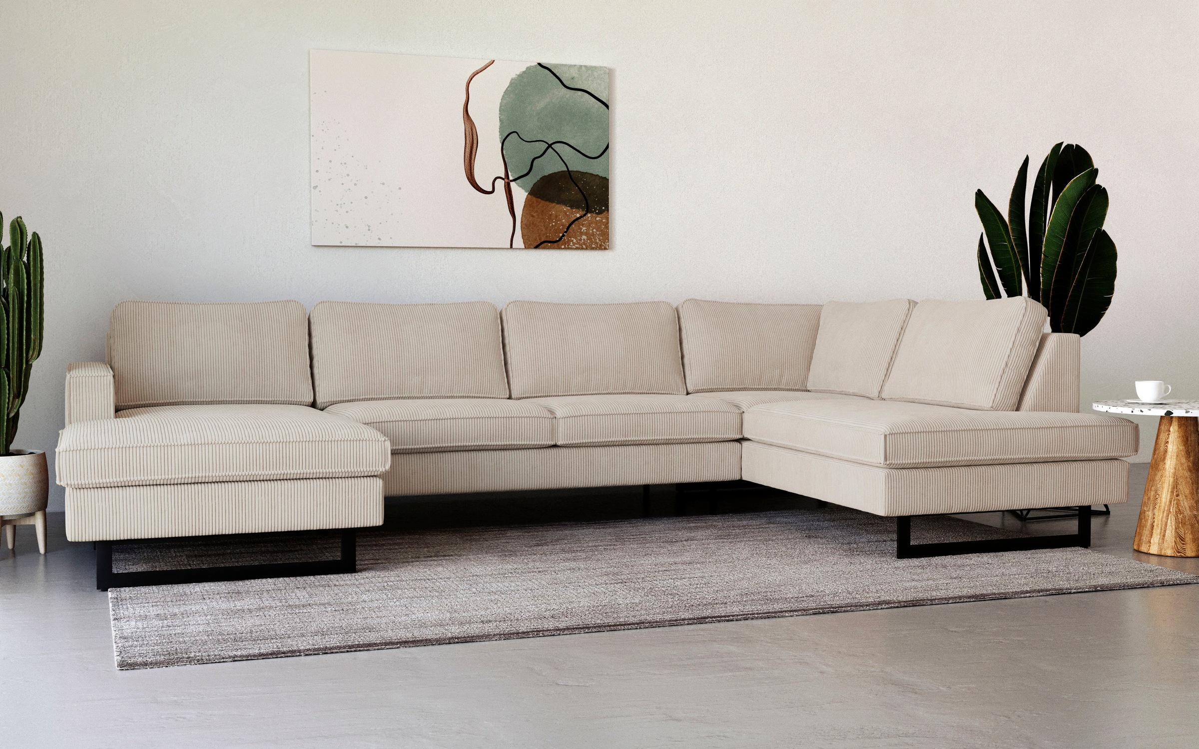 Places of Style Wohnlandschaft »Pinto, 350 cm, U-Form, XXL, mit Ottomanen«, Cord, Chenille, Lederoptik, mit Keder, Metallfüße, Wellenunterfederung