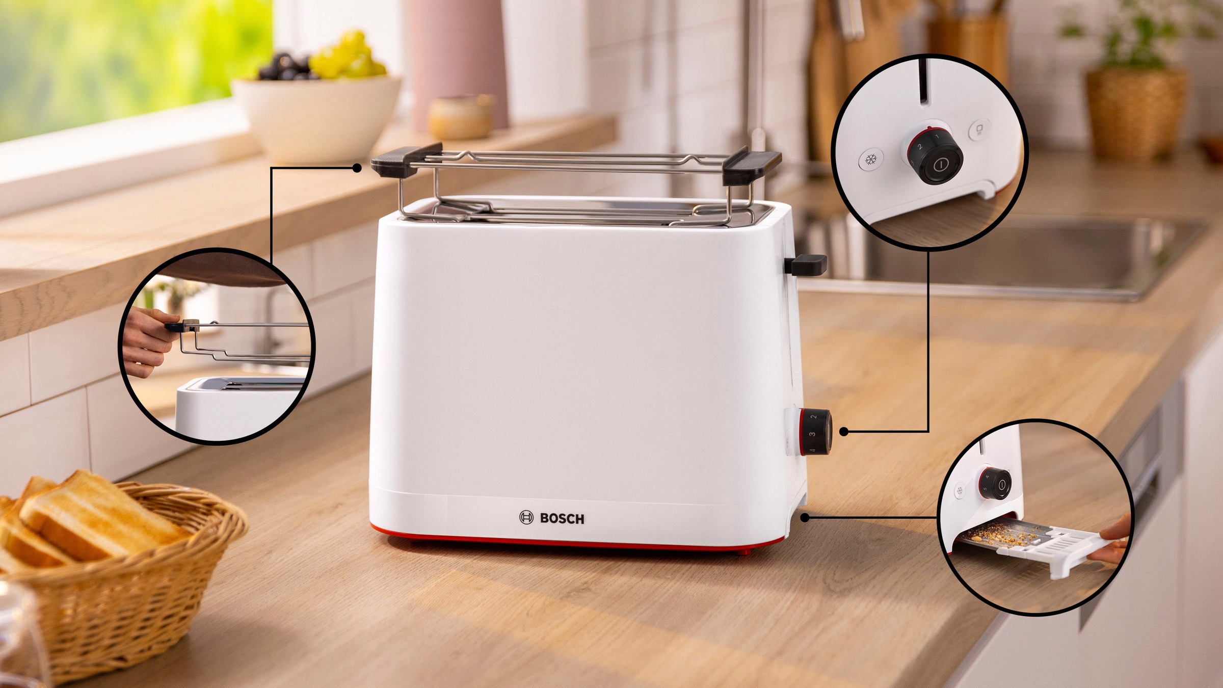 BOSCH Toaster »MyMoment TAT3M121«, 2 Schlitze, für 2 Scheiben, 950 W, entnehmbarer Brötchenaufsatz, Auftaufunktion, Brotzentrierung, AutoOff