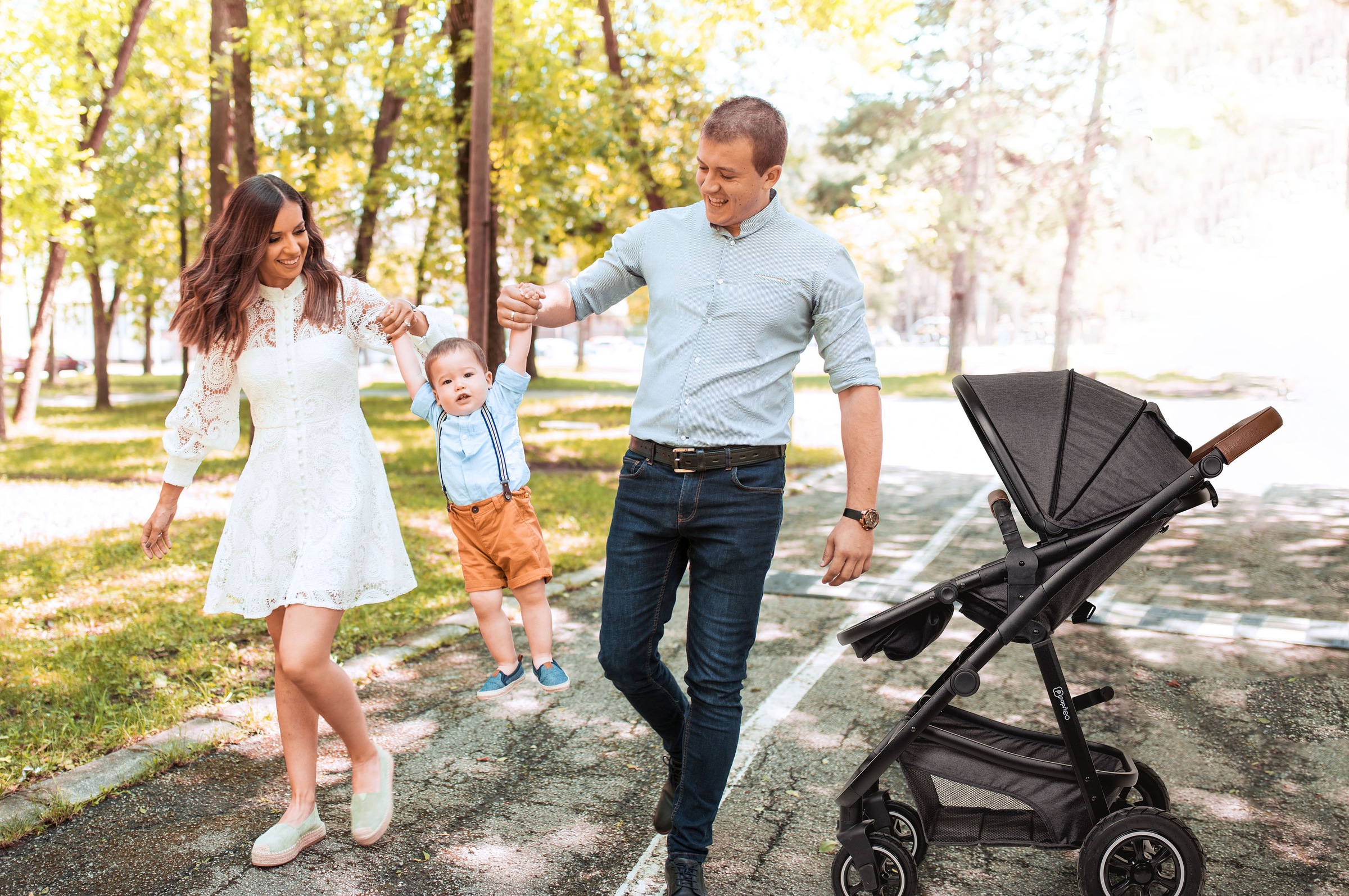 BabyGo Kombi-Kinderwagen »Simplex AIR 3in1, Grey melange«, 15 kg, inkl. Babywanne + Matratze, Sportaufsatz, Babyschale & Wickeltasche
