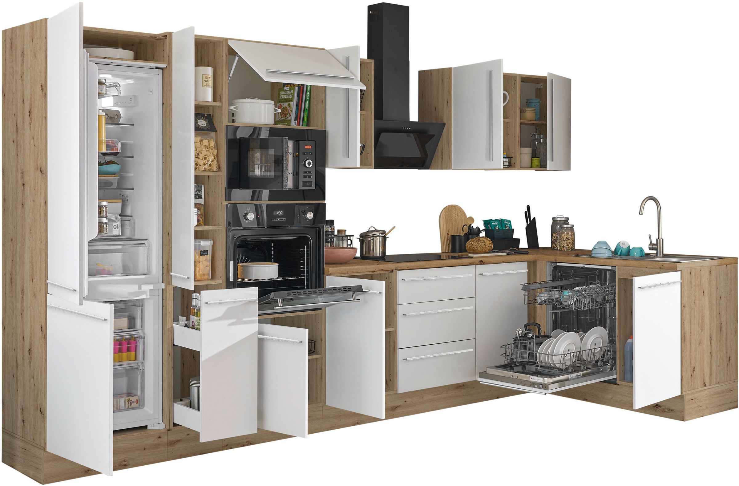 KOCHSTATION Winkelküche »Florida, Stellbreite 370x175 cm« wahlweise mit E-Geräten, mit Softclose für Türen und Schubkästen
