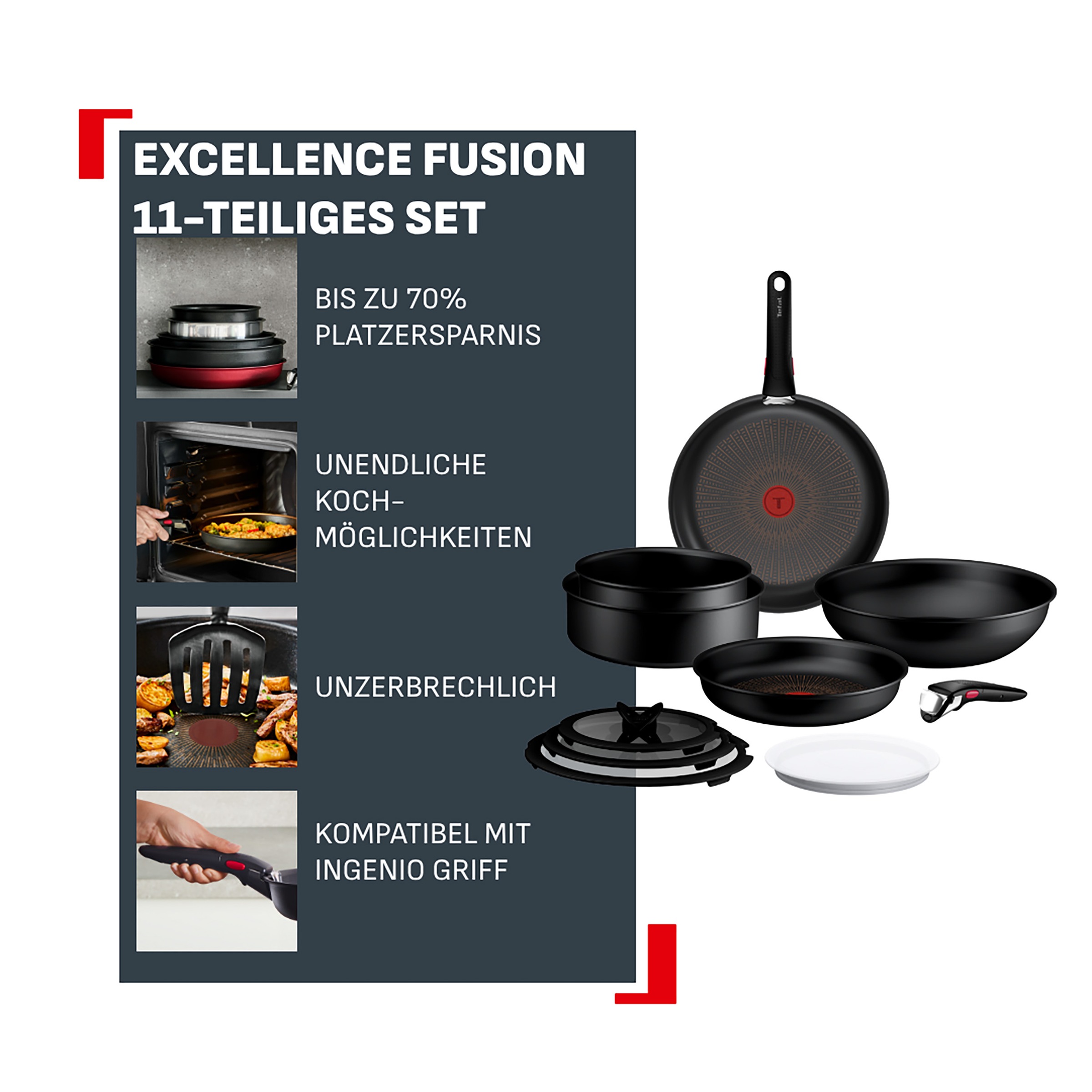 Tefal Pfannen-Set »Ingenio Excellence Fusion« Aluminium Set, 11 tlg. abnehmbarer Ingenio-Griff, Thermo-Signal, stapelbar, Induktion