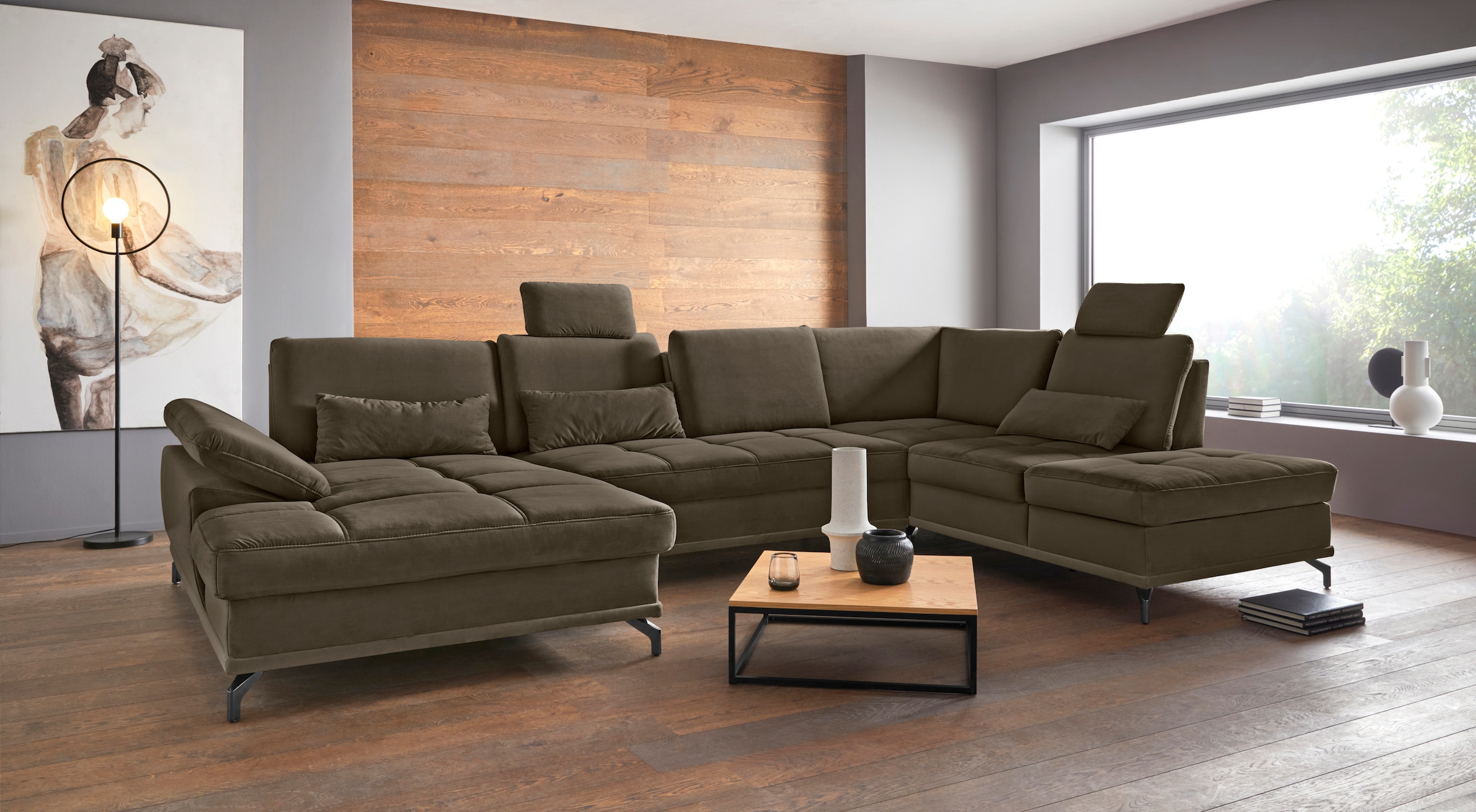 Places of Style Wohnlandschaft »Costello U-Form, mit Sitztiefenverstellung, Armteilverstellung und«, 3 Nierenkissen, optional Bettfunktion und Bettkasten