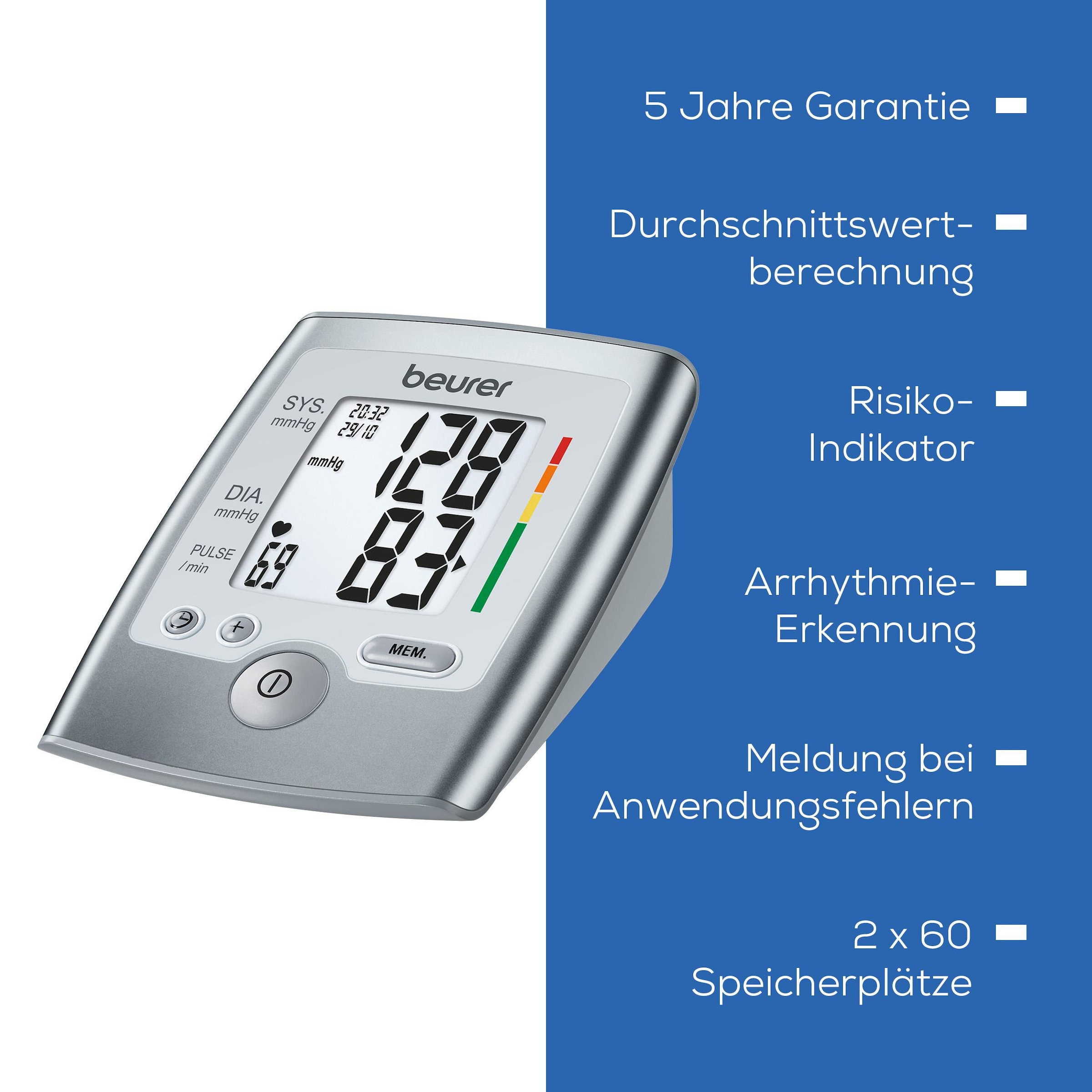 BEURER Oberarm-Blutdruckmessgerät »Beurer BM 35 Oberarm-Blutdruckmessgerät mit farbigem Risikoindikator«, Mit Arrhythmie-Erkennung, inkl. Aufbewahrungstasche und Blutdruckpass