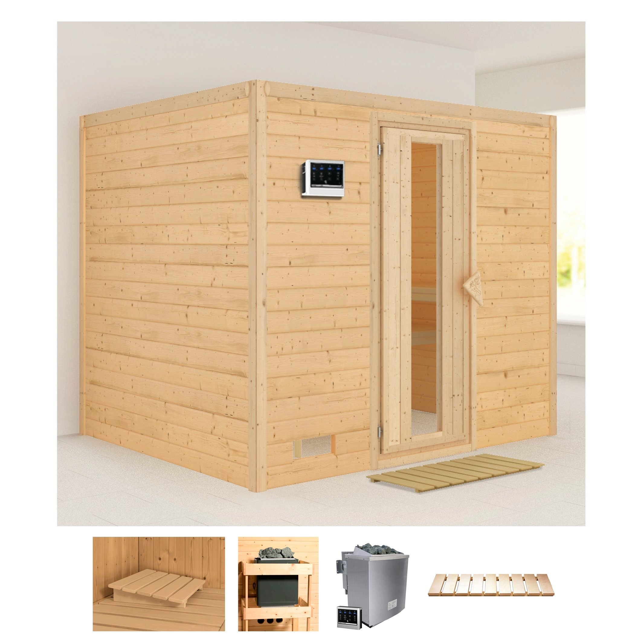 Karibu Sauna »Soraja«, (Set), 9-kW-Bio-Ofen mit externer Steuerung