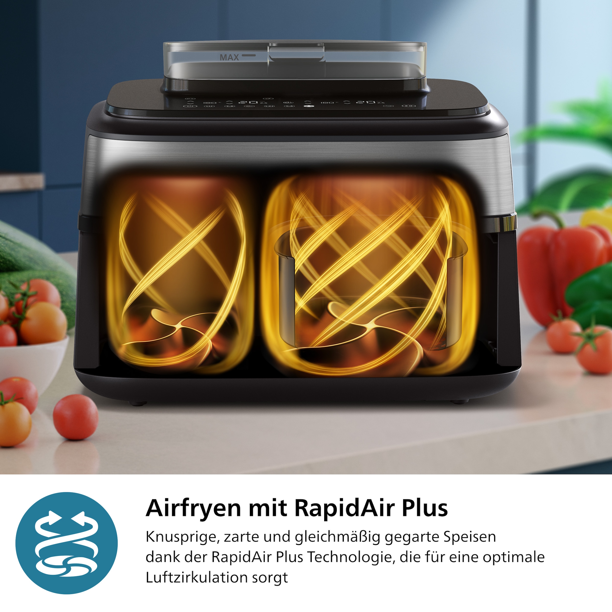 Philips Heißluftfritteuse »NA555/00 Steam Airfryer 5000 Series Dual Basket, 9L Kapazität (3L+6L)«, 2750 W, mit Dampfgar-Funktion; Silber/Edelstahl