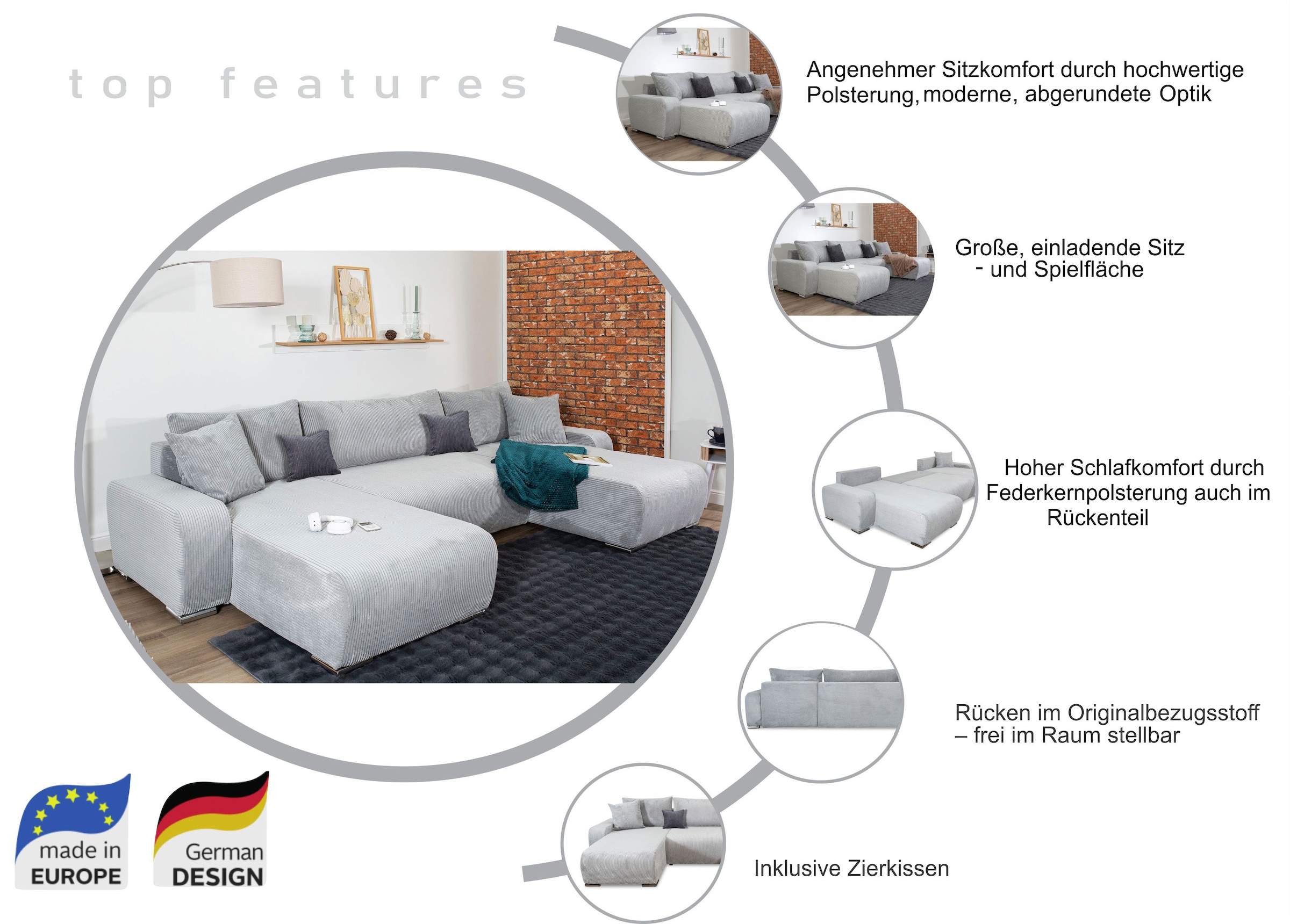 COLLECTION AB Wohnlandschaft »Paola U-Form, Breite 314 cm« Wohnlandschaft,2 Ottomane,Bonnelfederkern,Rückenkissen