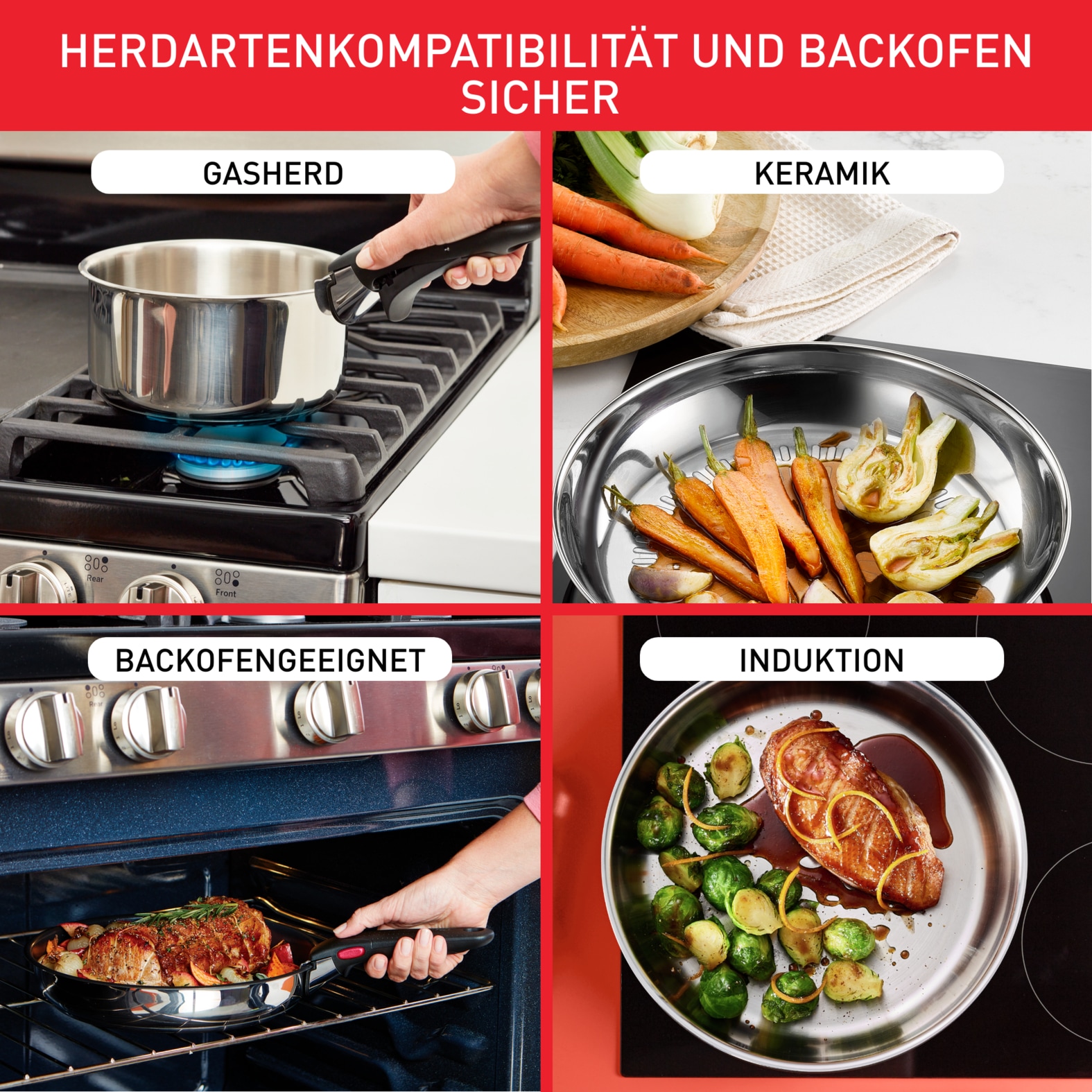 Tefal Topf-Set »L898S4 Ingenio Preference, Topfset Induktion, stapelbar, platzsparend«, Edelstahl, (Set, 4 tlg., je 1 Stielkasserolle Ø 16/18/20 cm, 1 abnehmbarer Griff), hochwertiger Edelstahl, für alle Herdarten geeignet