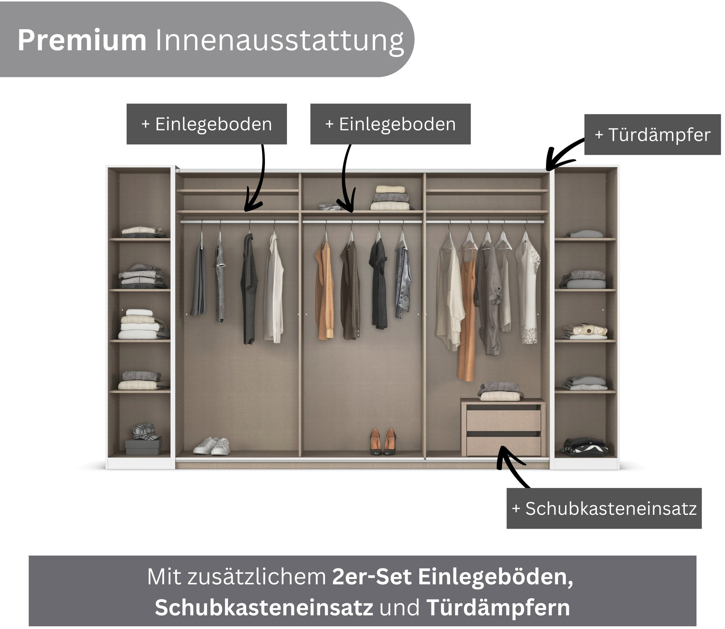rauch Schwebetürenschrank »Kleiderschrank Drehtürenschrank Schrank Garderobe KRONACH« in 3 Ausstattungen BASIC/CLASSIC/PREMIUM, Breiten 225/268/311/354 cm,  mit Dreh- und Schwebetüren und vielen Einlegeböden MADE IN GERMANY