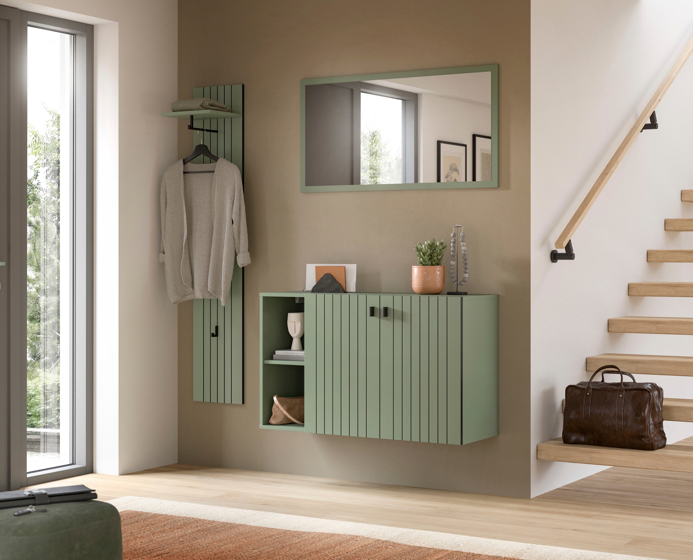 Home affaire Garderoben-Set »TATIO, 3-tlg. Garderobenkombination, Breite: 152 cm, Rilenfräsung« Set, Set, best. aus: 1 Garderobenpaneel, 1 Spiegel, 1 Schuhkommode, 3 Stk. tlg.