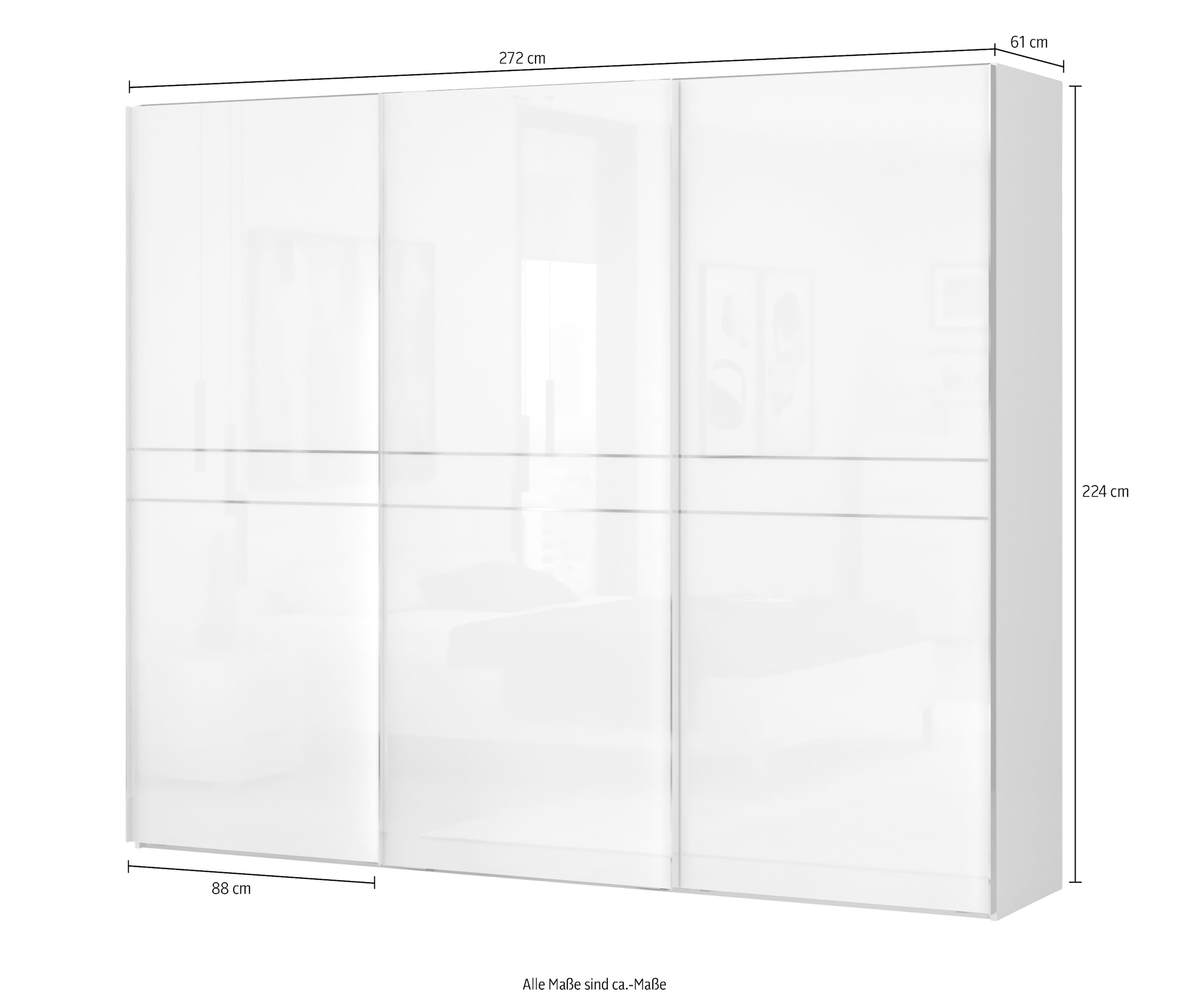 Places of Style Schwebetürenschrank »Piano, FSC-zertifiziert, mit Einlegeböden und Kleiderstangen«, (in 3 Breiten, 224cm hoch, mit verchromten Aufleistungen), UV lackiert, hochglänzend, mit Soft-Close Funktion, in beige oder weiß